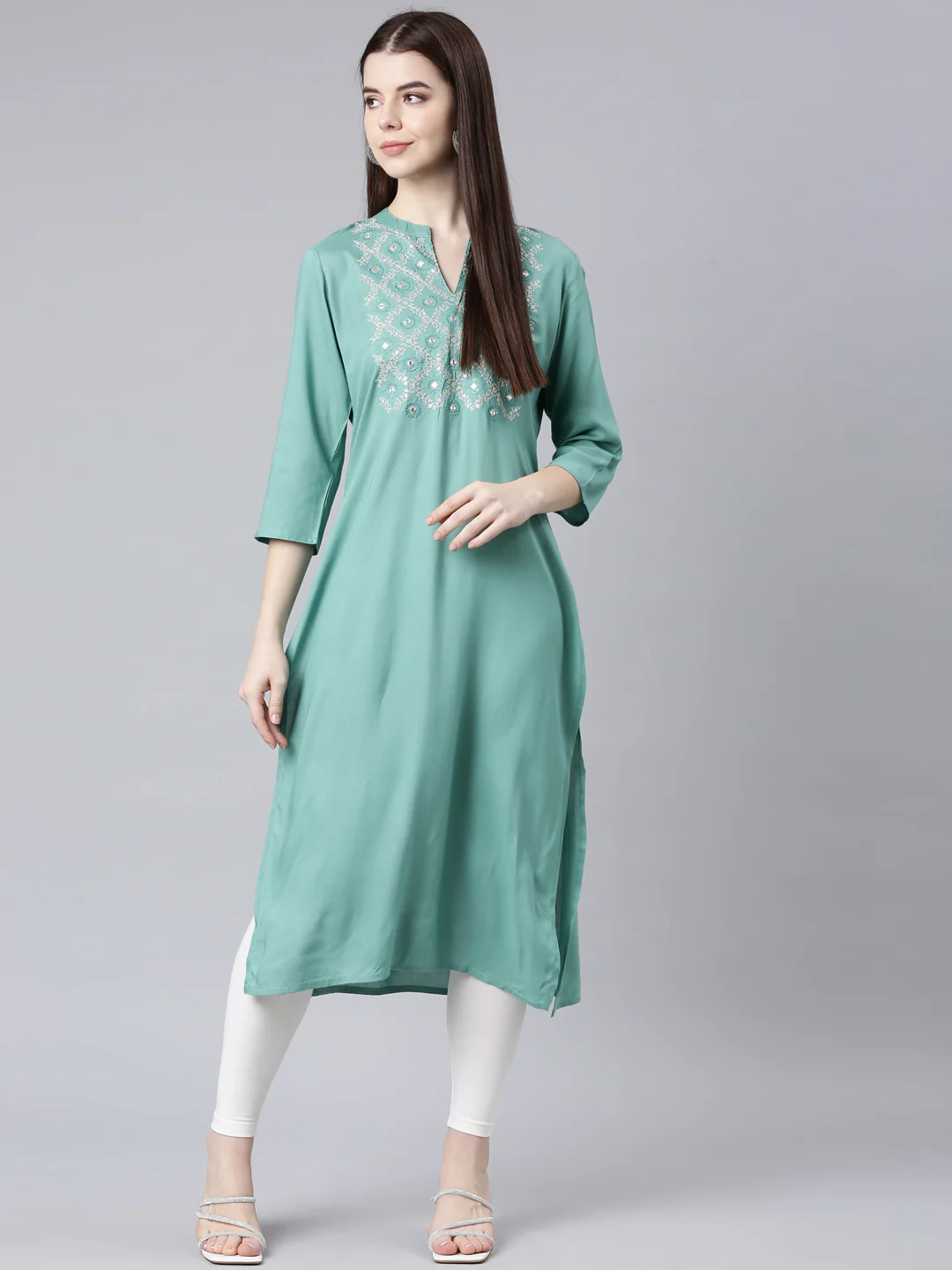 Neerus Green Straight Casual Floral Straight Kurta - Image 7