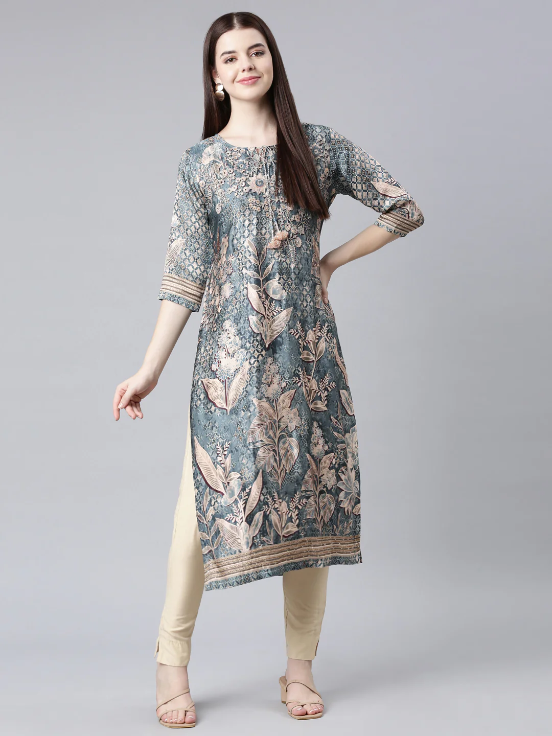Neerus Green Straight Casual Floral Straight Kurta - Image 5