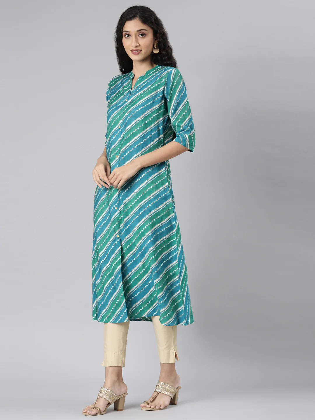 Neerus Green Straight Casual Striped Straight Kurta - Image 2
