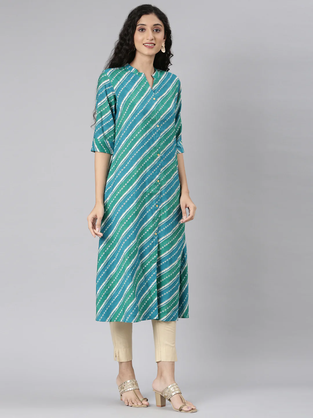 Neerus Green Straight Casual Striped Straight Kurta - Image 3