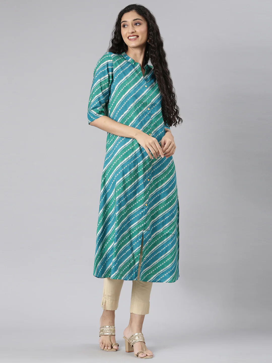 Neerus Green Straight Casual Striped Straight Kurta - Image 6