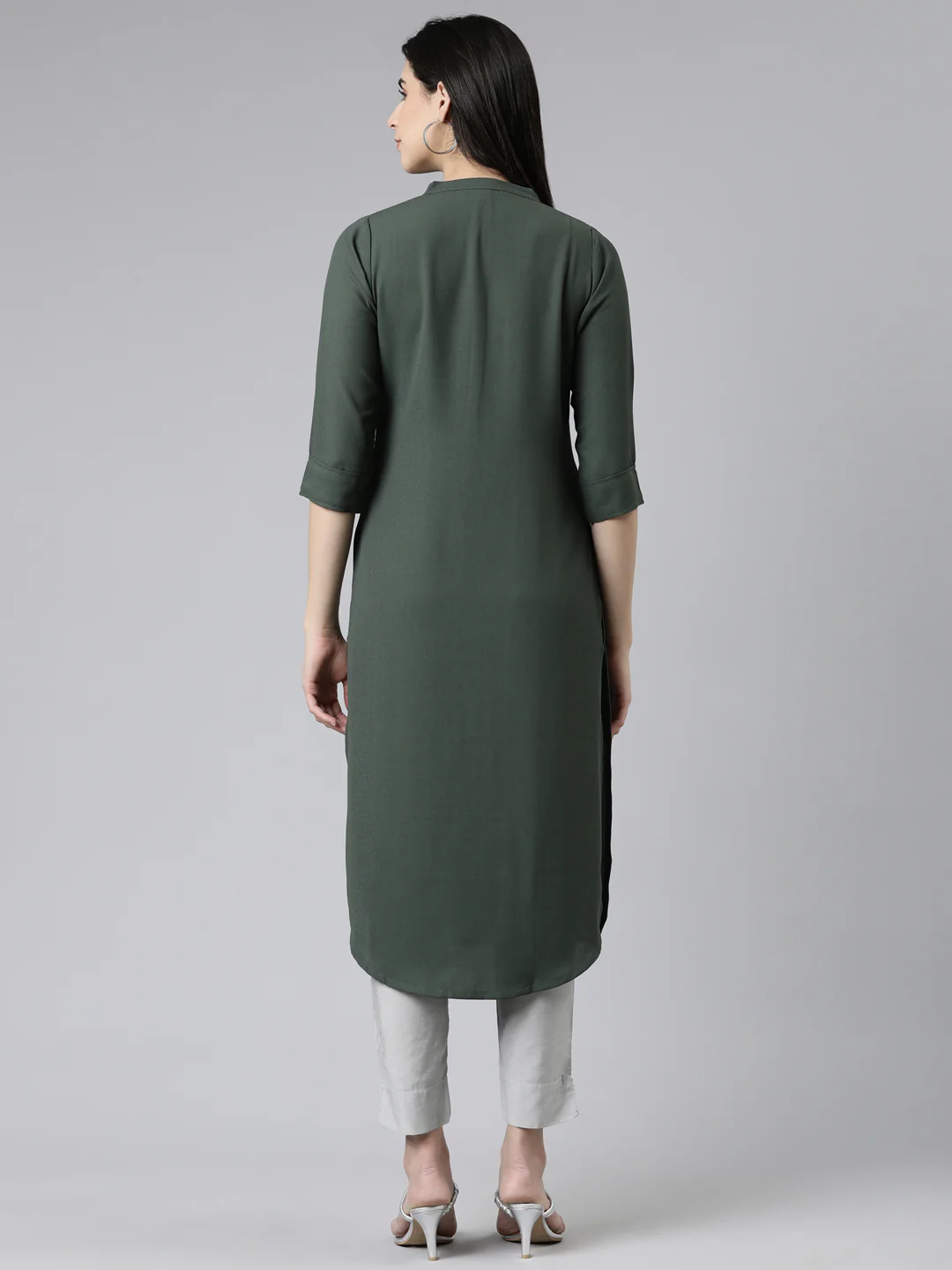 Neerus Green Straight Solid Cotton Kurta - Image 3