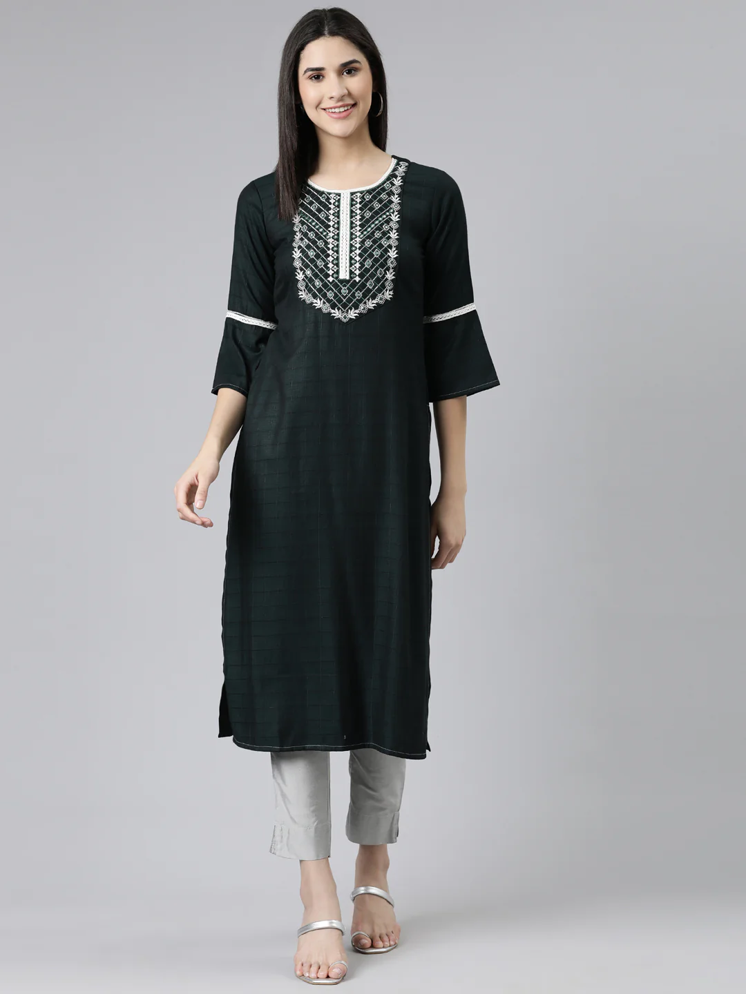 Neerus Green Straight Solid Cotton Silk Kurta