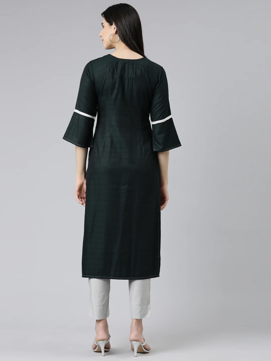 Neerus Green Straight Solid Cotton Silk Kurta - Image 3
