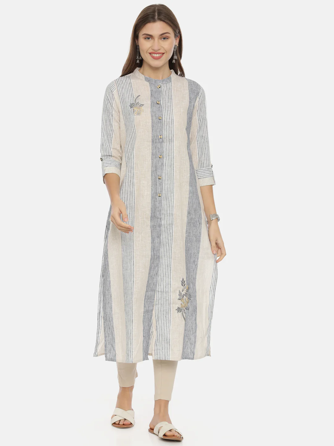 Neerus Grey & Beige Striped Straight Kurta