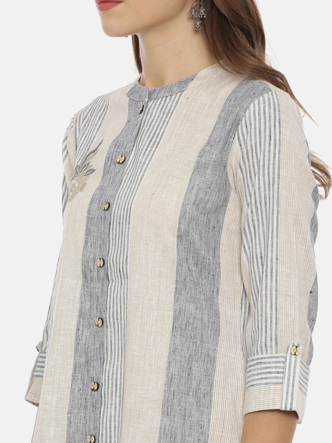 Neerus Grey & Beige Striped Straight Kurta - Image 2