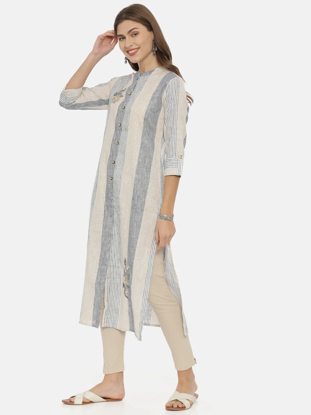 Neerus Grey & Beige Striped Straight Kurta - Image 3