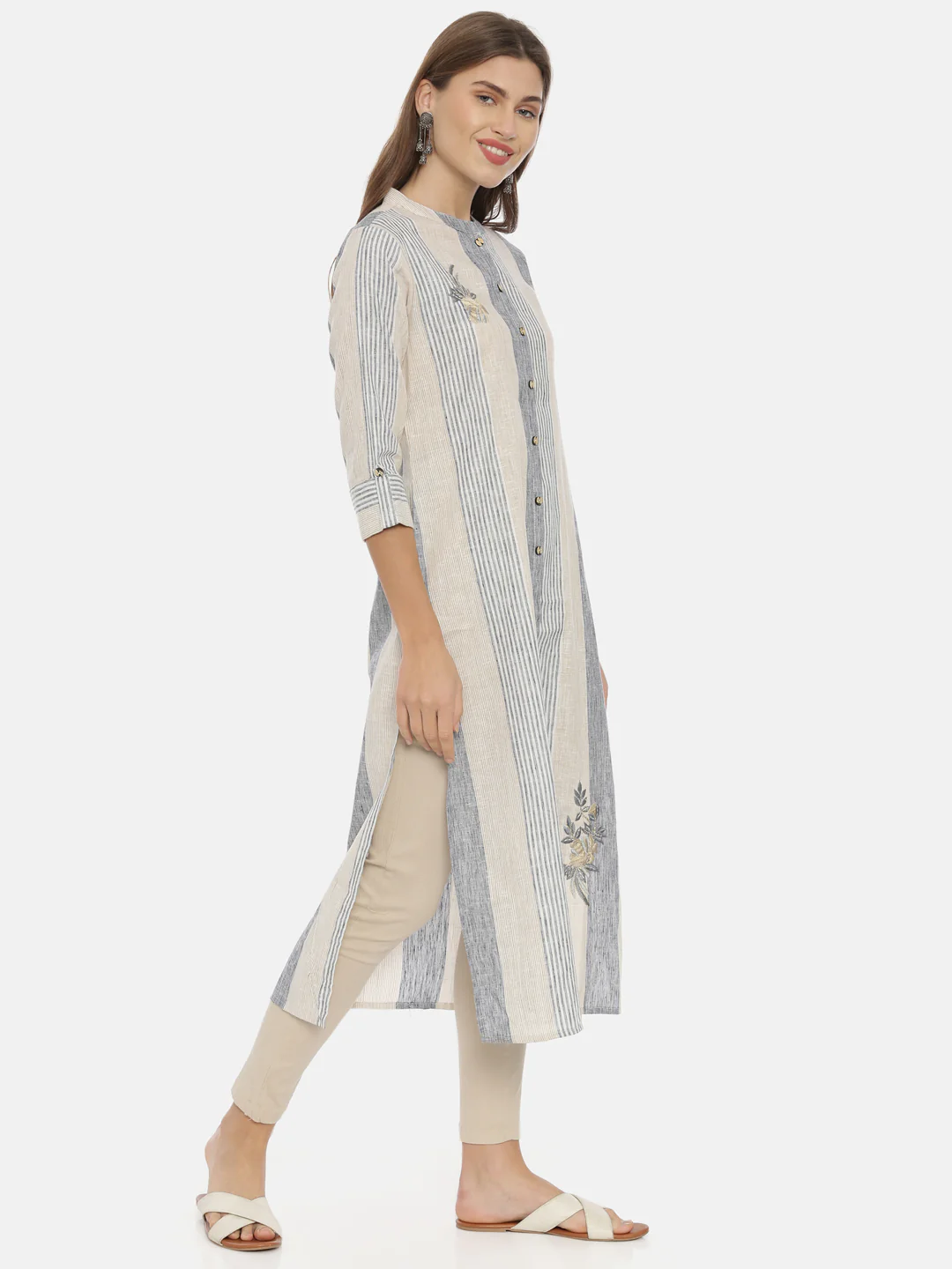 Neerus Grey & Beige Striped Straight Kurta - Image 4