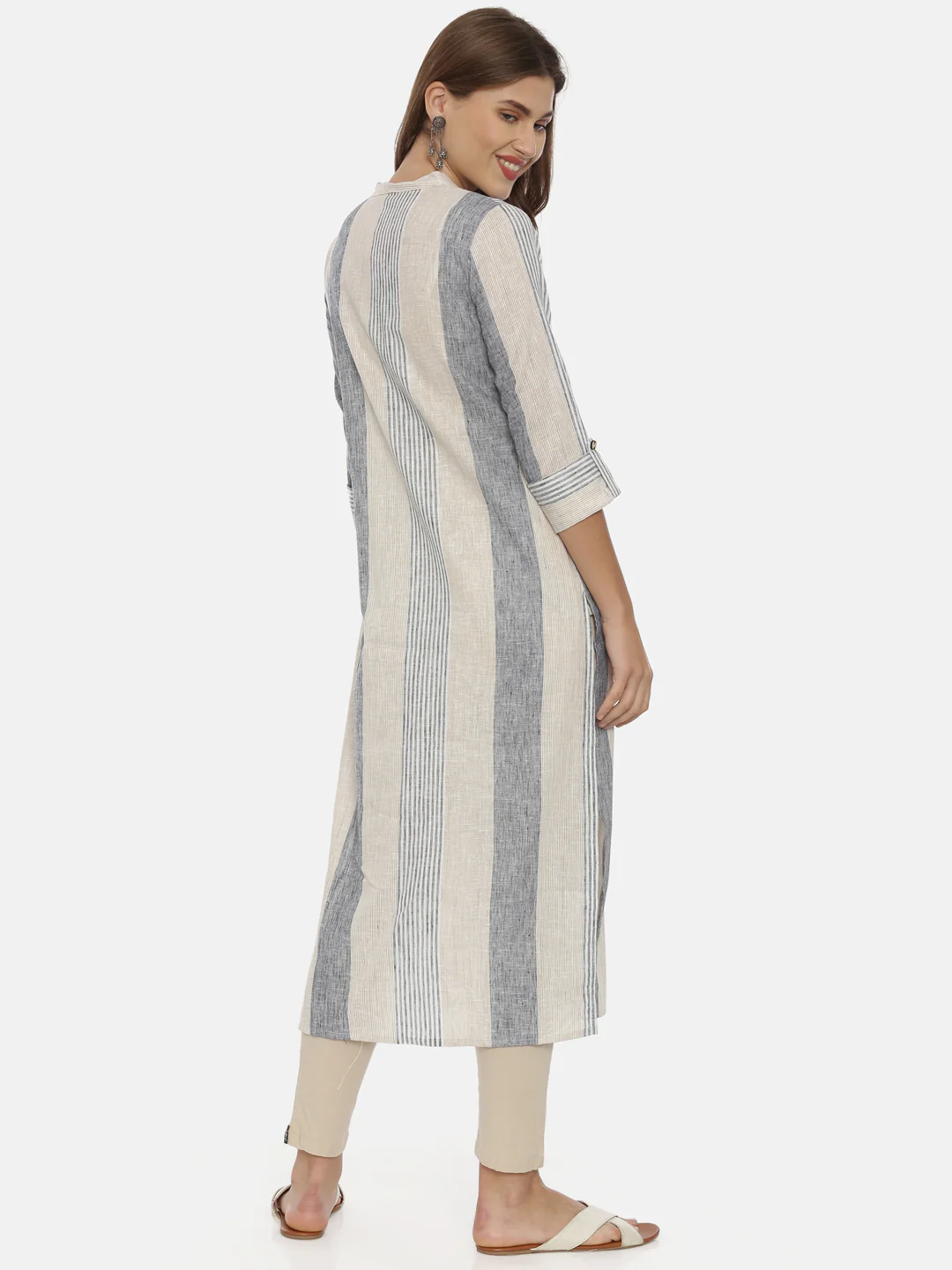 Neerus Grey & Beige Striped Straight Kurta - Image 5