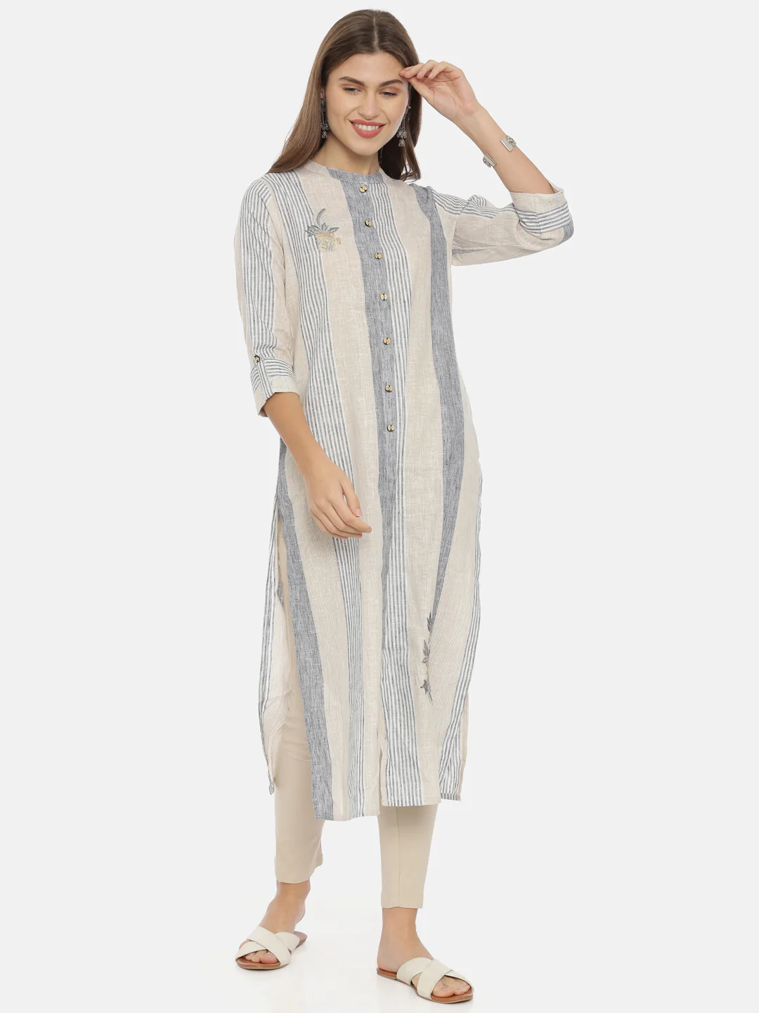 Neerus Grey & Beige Striped Straight Kurta - Image 6