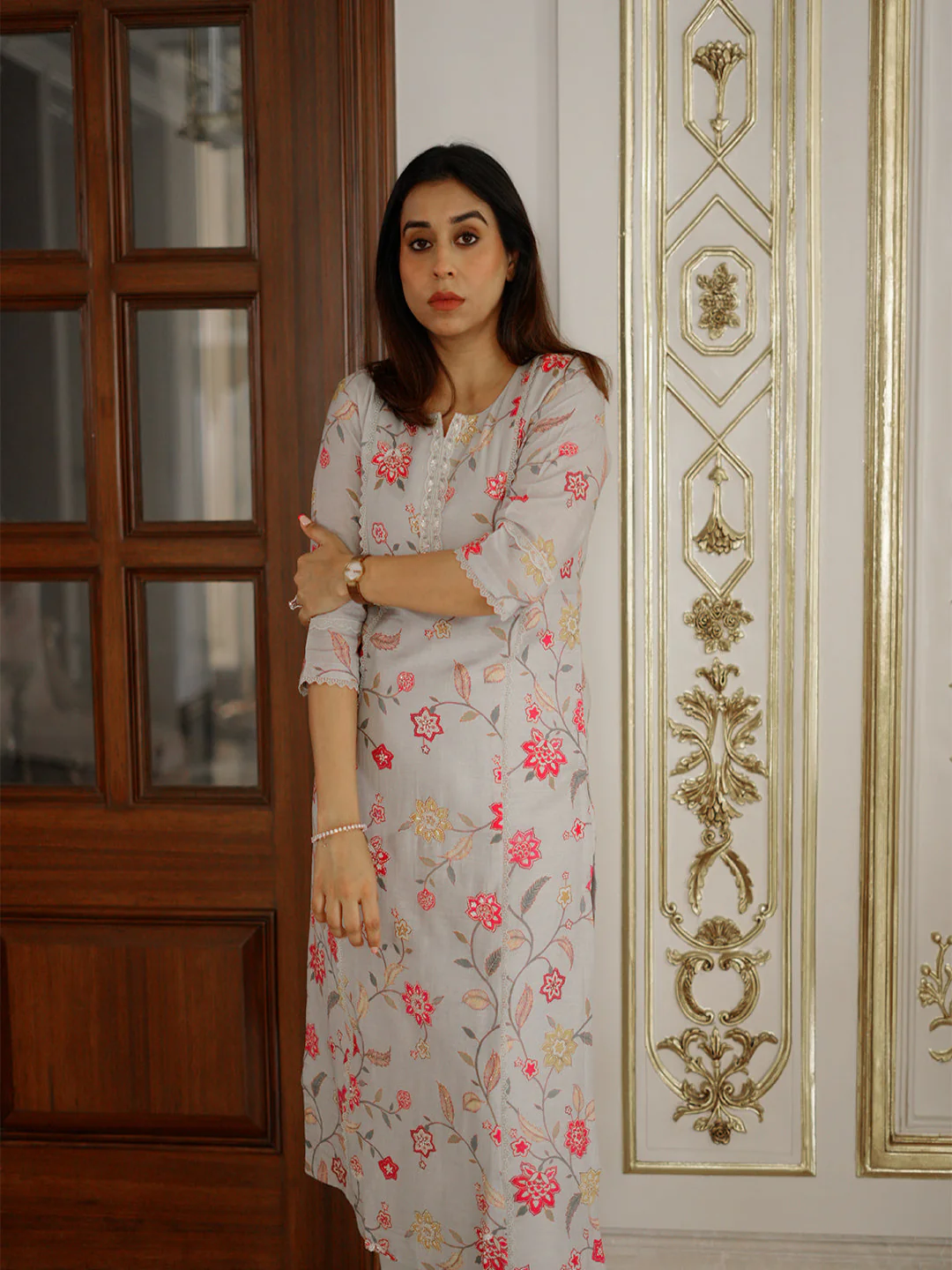 Neerus Grey Casual Floral Printed Kurta and Trouser - Image 2