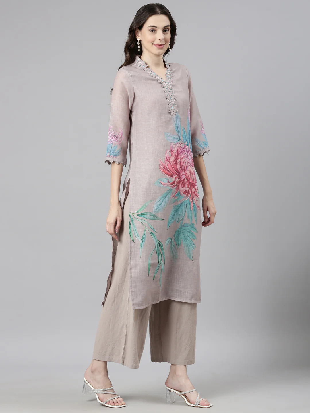 Neerus Grey Casual Floral Straight Kurta and Palazzos With Dupatta - Image 3