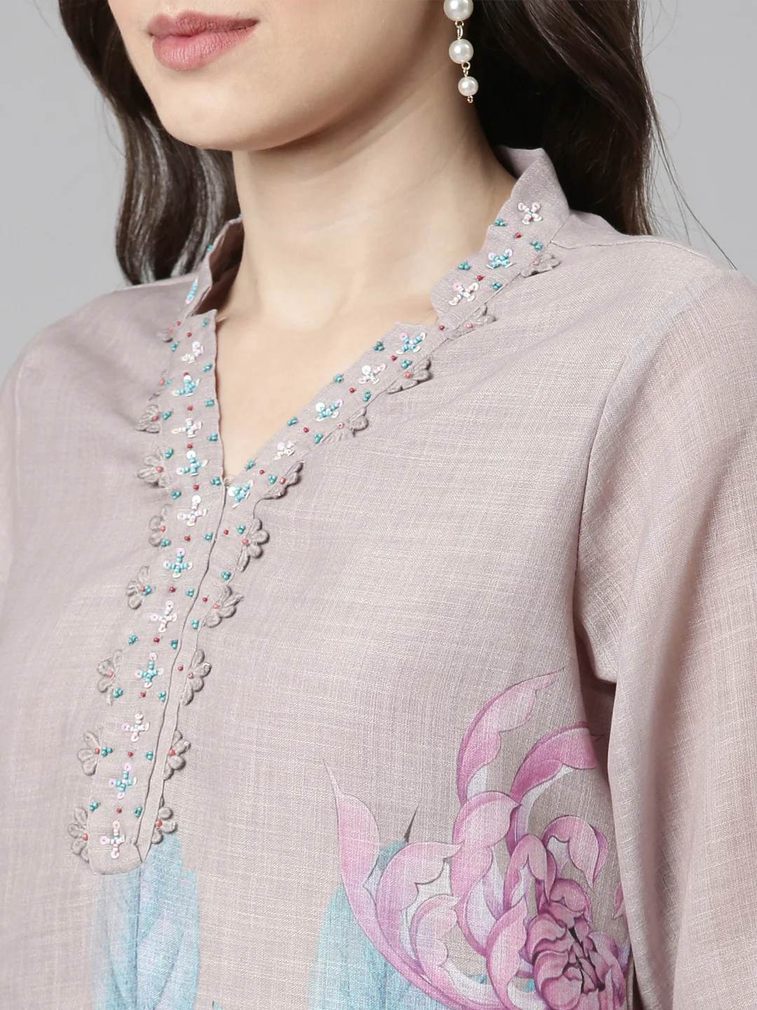 Neerus Grey Casual Floral Straight Kurta and Palazzos With Dupatta - Image 5