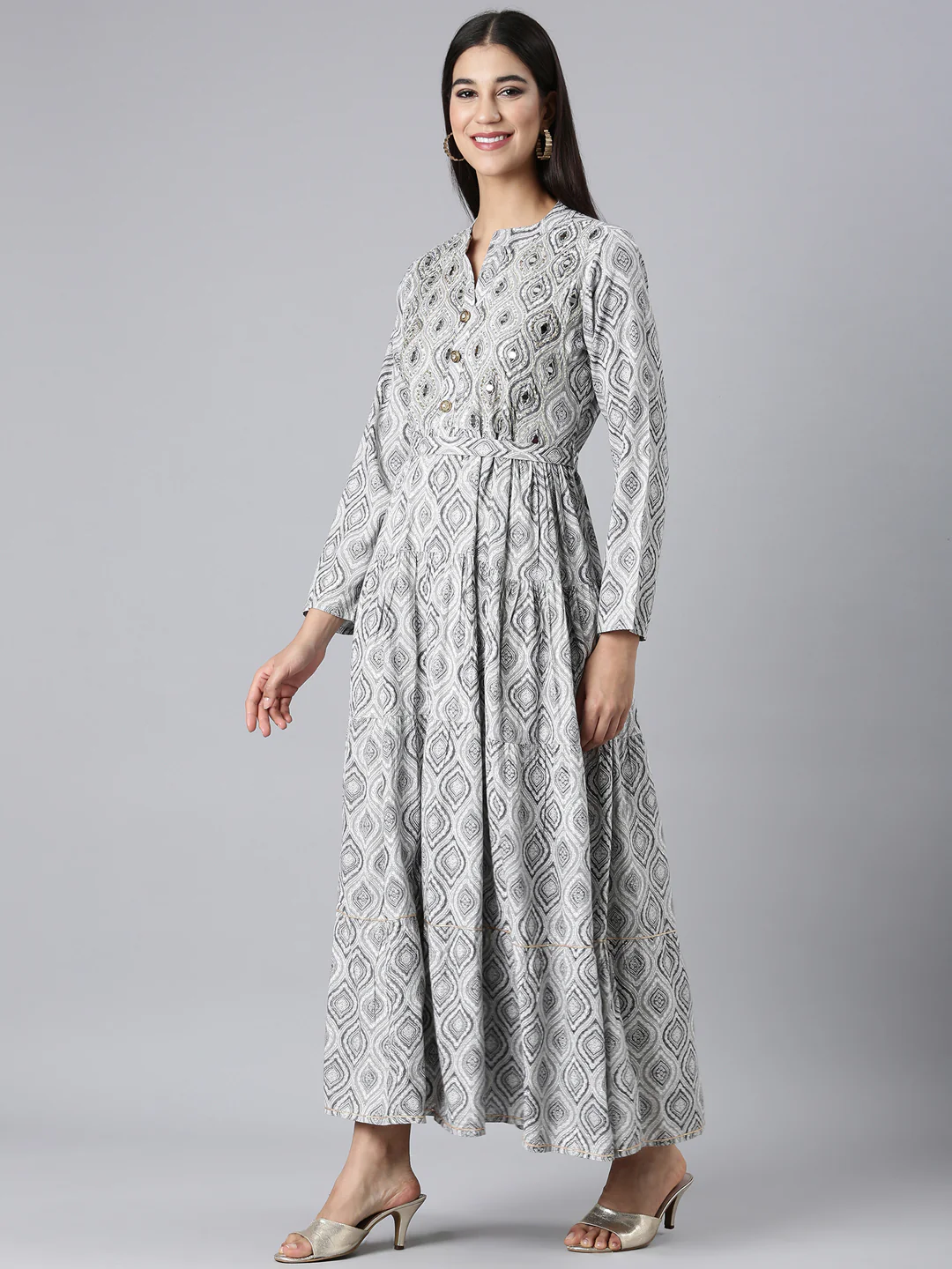 Neerus Grey Casual Paisley Maxi Dresses - Image 5