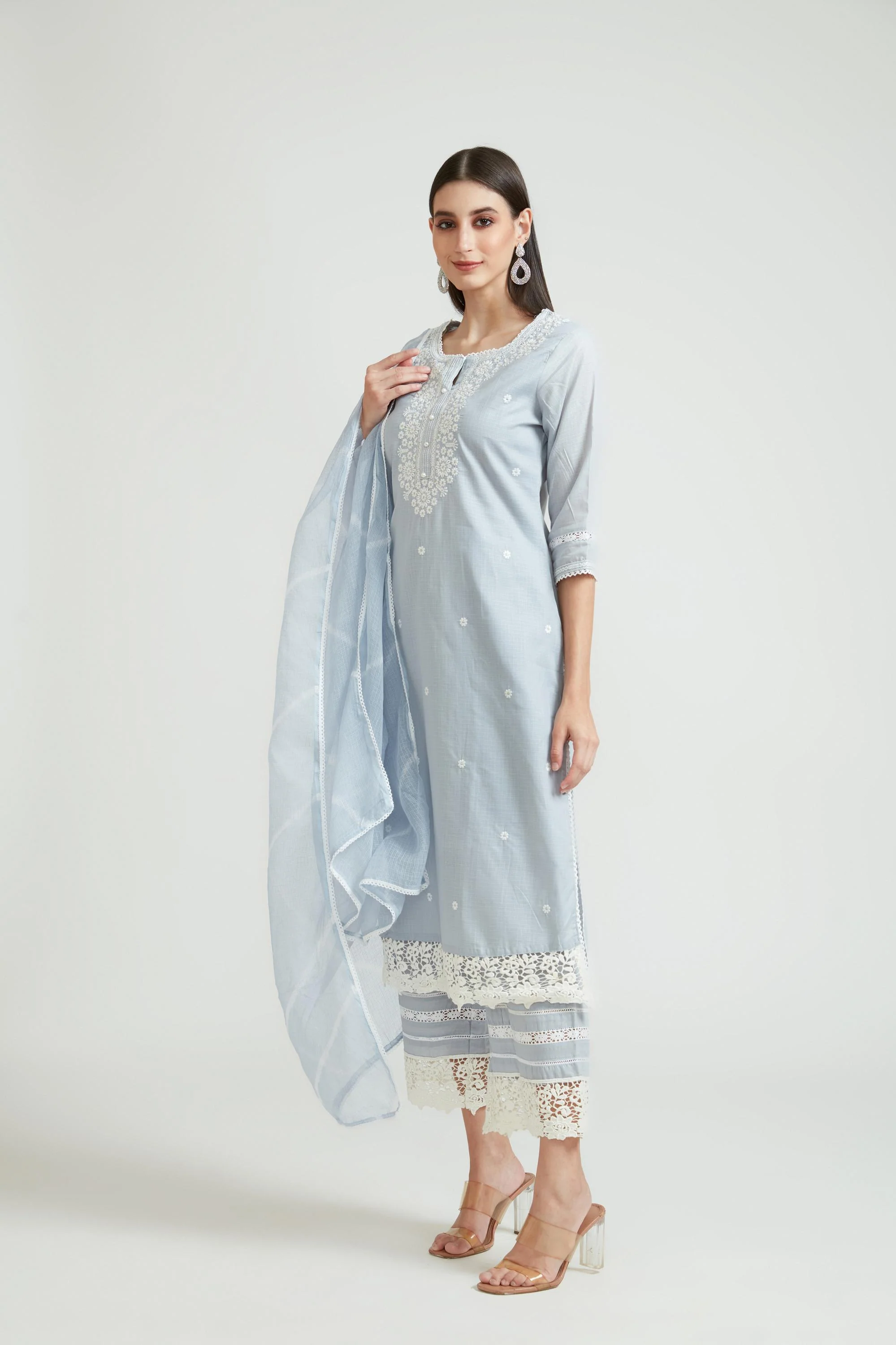 Neerus Grey Color Cotton Fabric Kurta Set