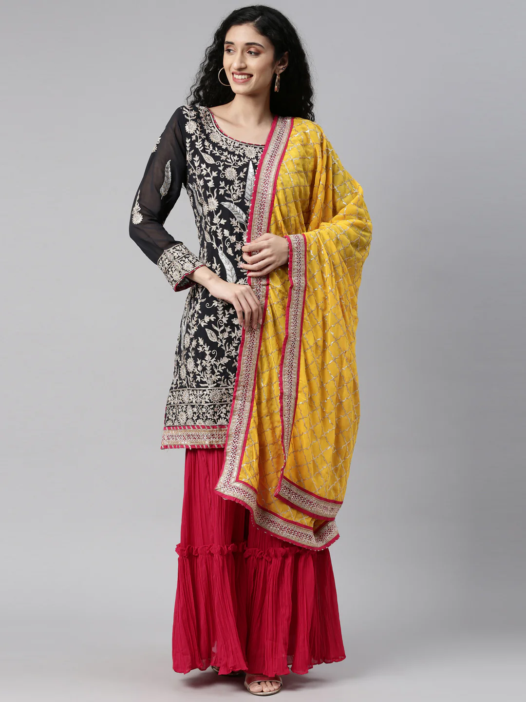 Neerus Grey Color Georgette Fabric Kurta Set