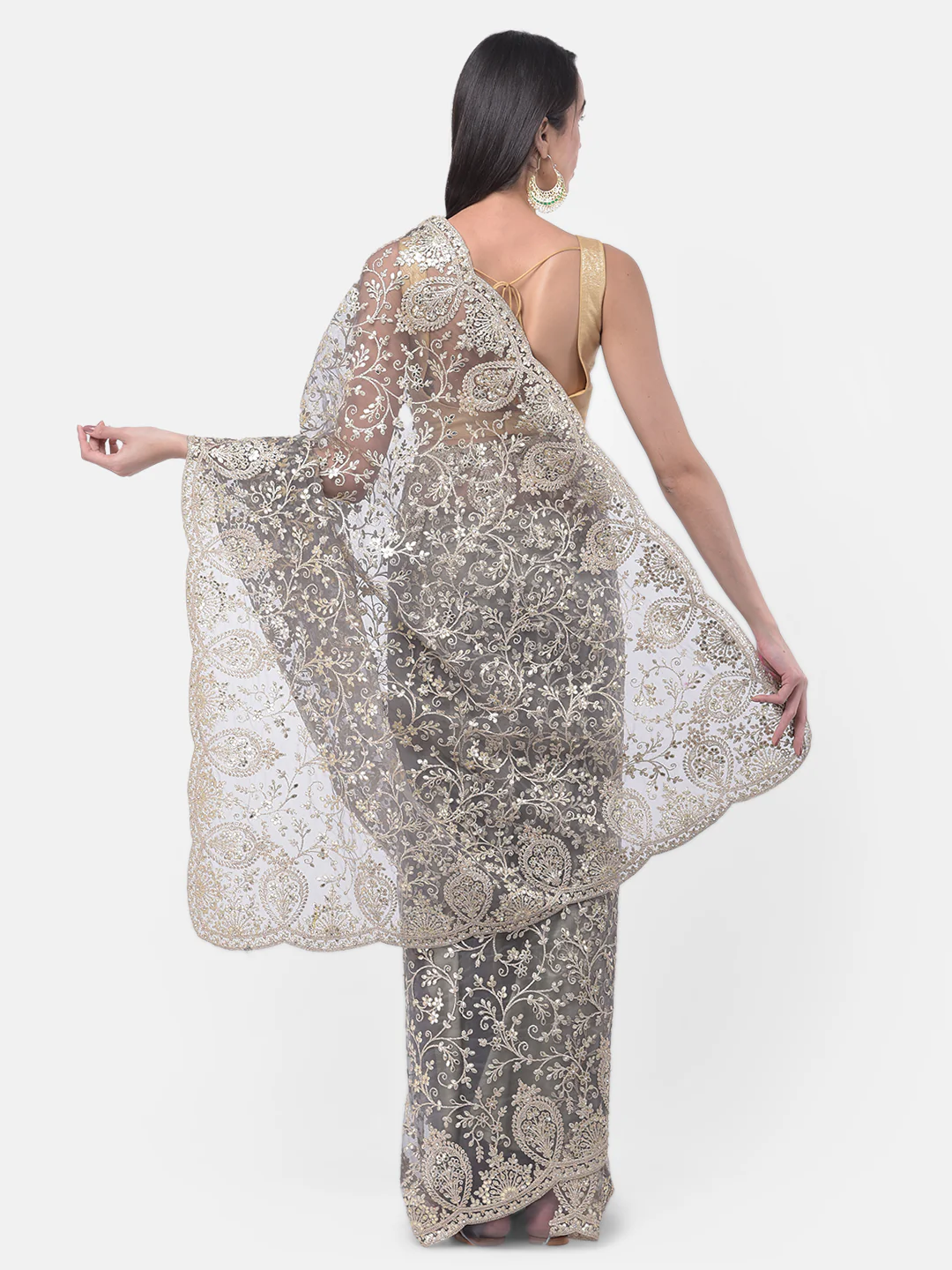 Neerus Grey Color Nett Fabric Saree - Image 2