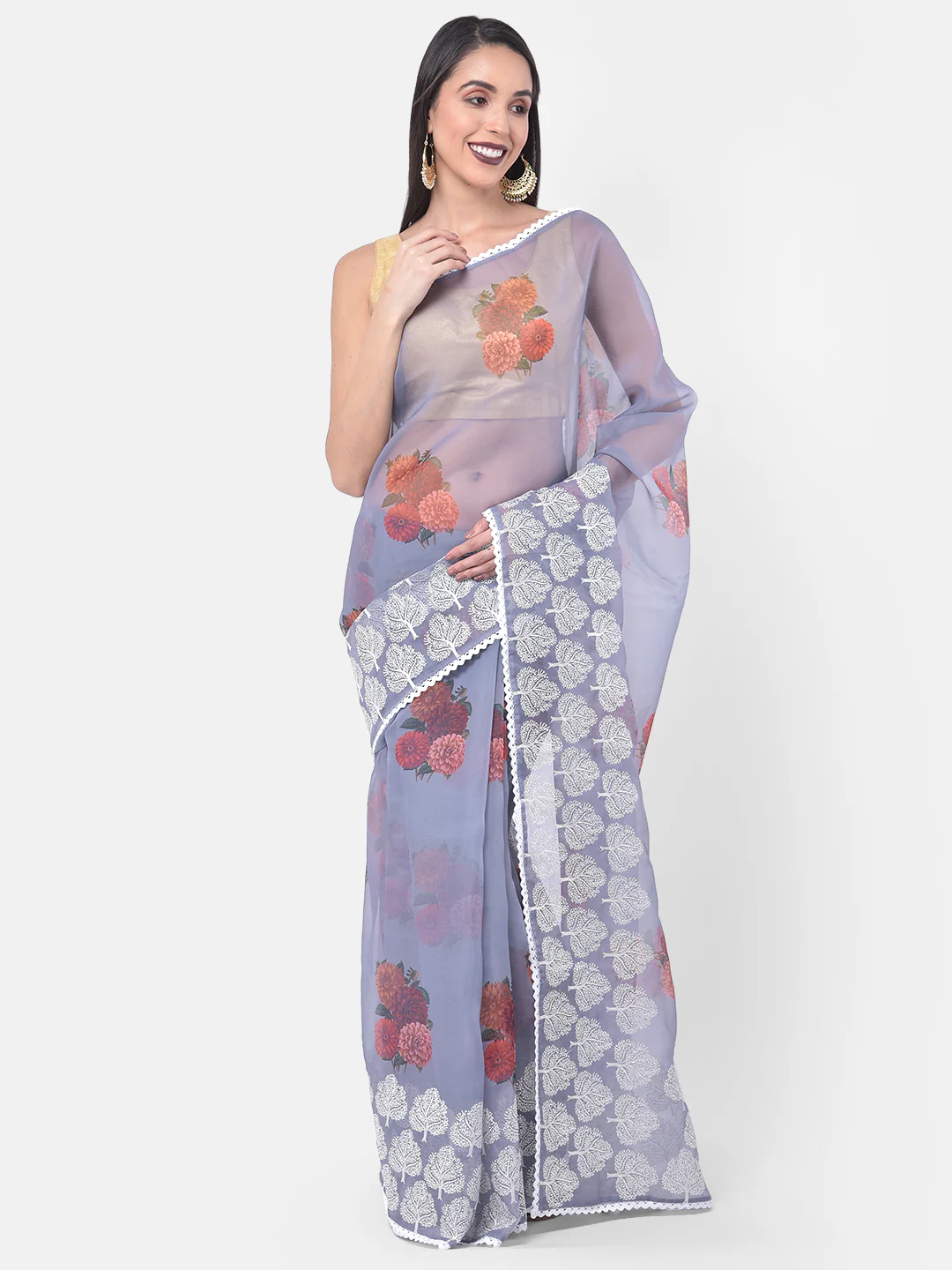 Neerus Grey Color Organza Fabric Saree