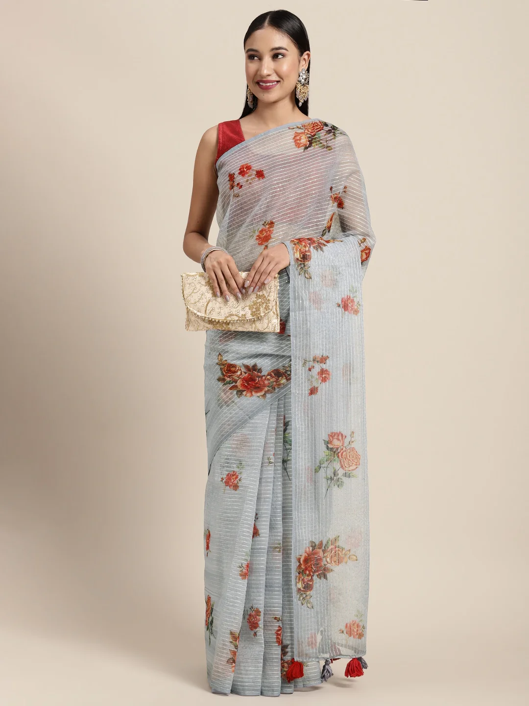 Neerus Grey Color Organza Fabric Saree