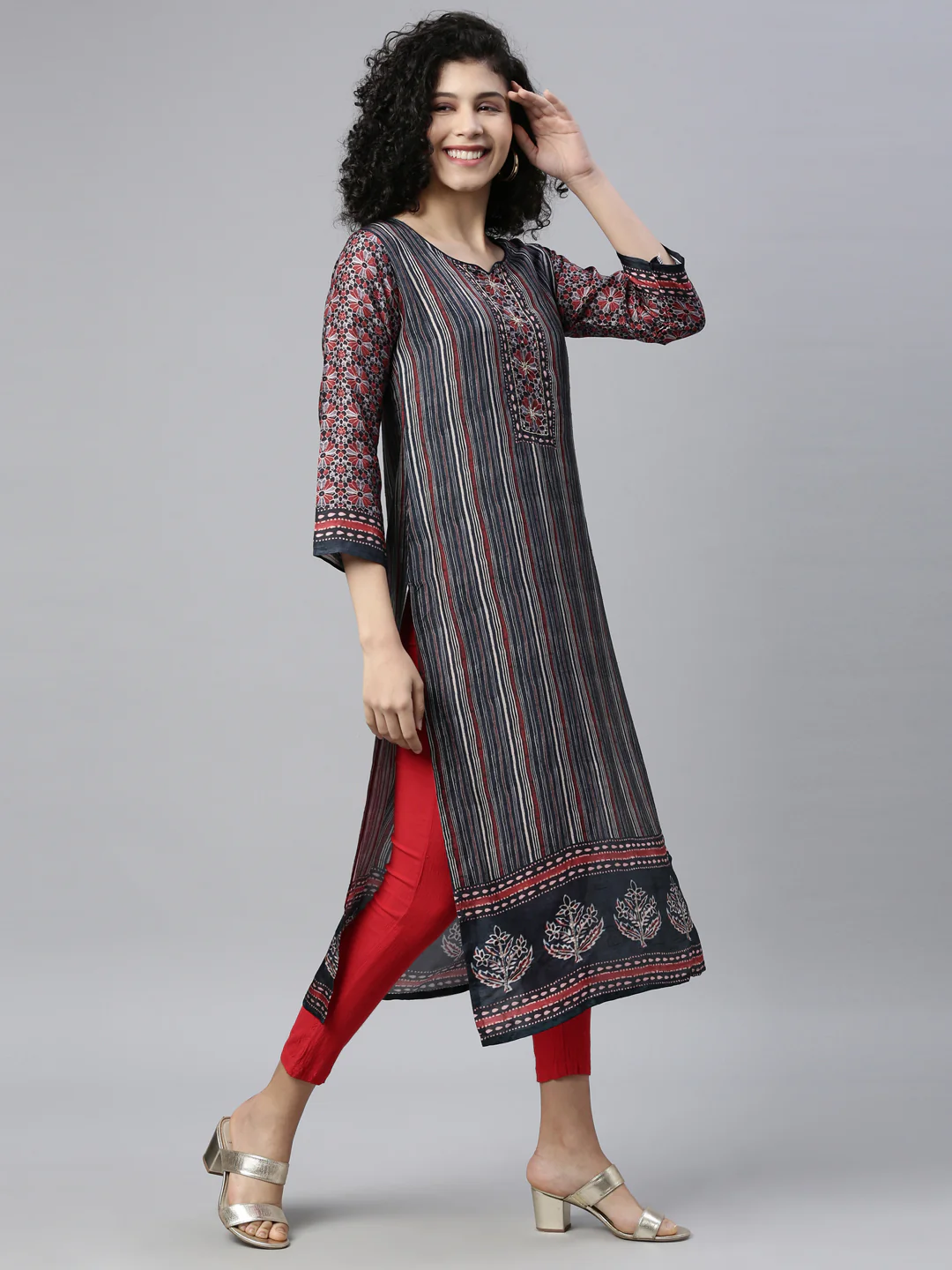 Neerus Grey Color Silk Fabric Kurta