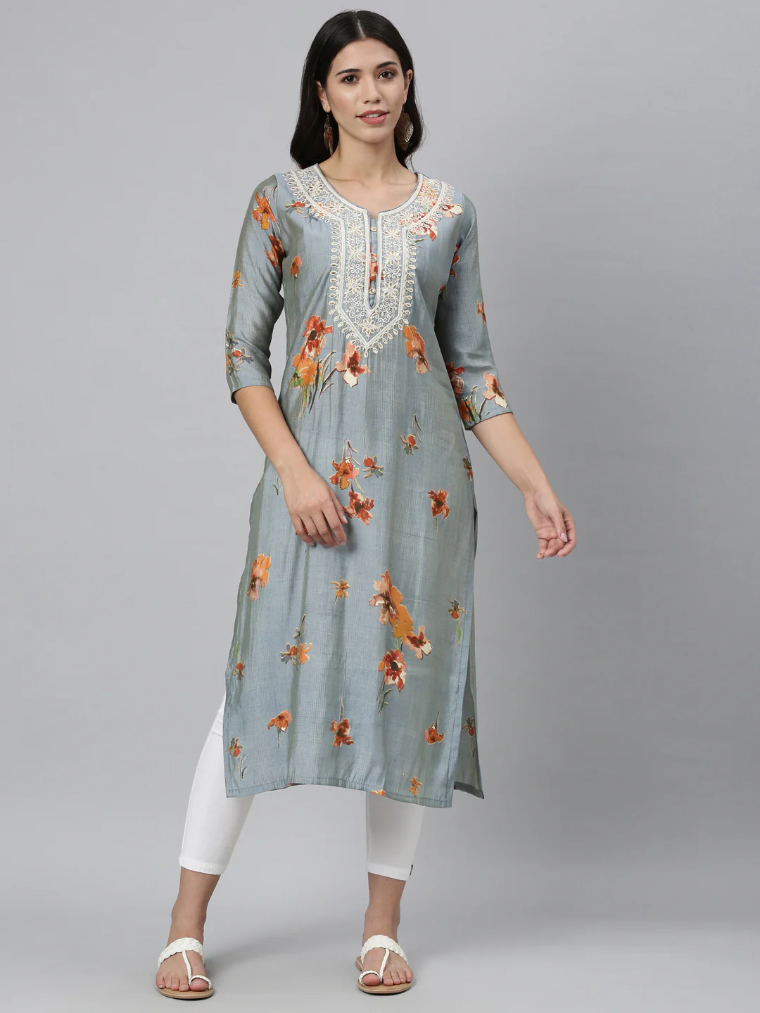 Neerus Grey Color Silk Fabric Kurta