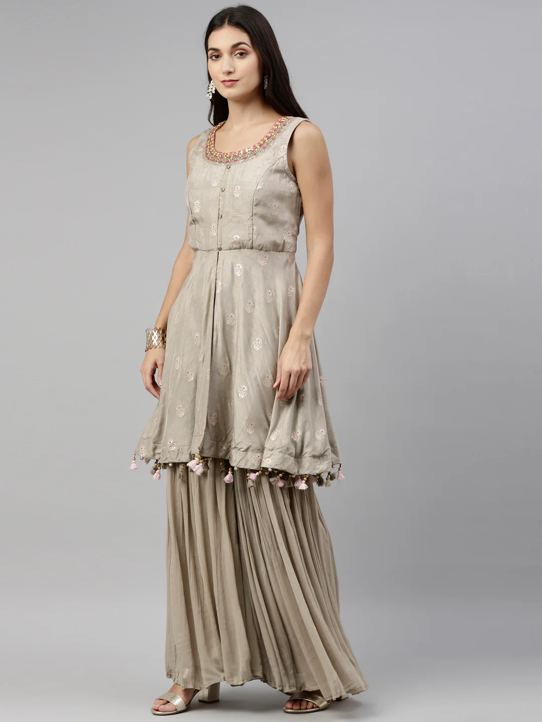 Neerus Grey Color Silk Fabric Suit-Short Anarkali - Image 3