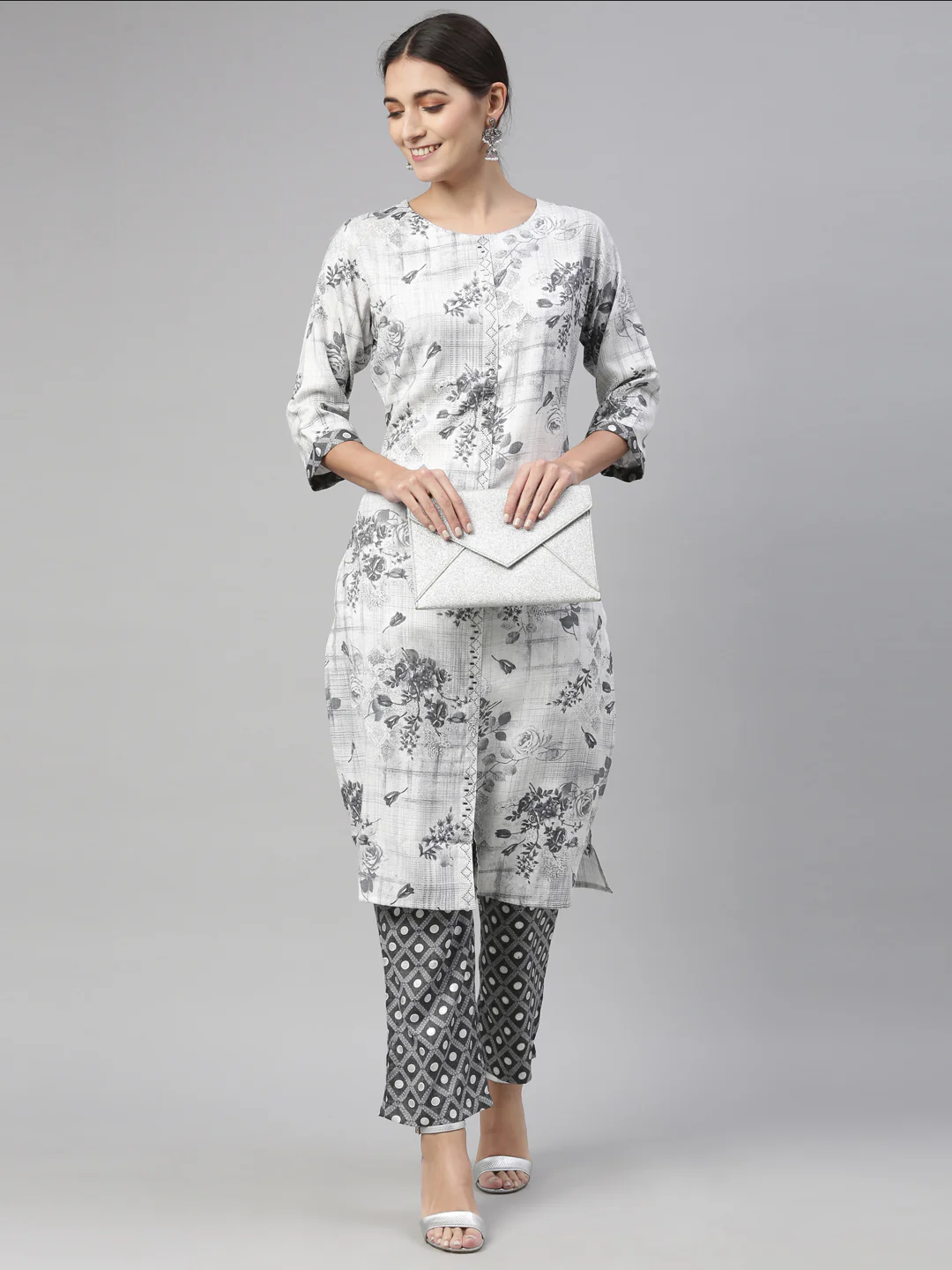 Neerus Grey Color Slub Rayon Fabric Kurta Set - Image 8