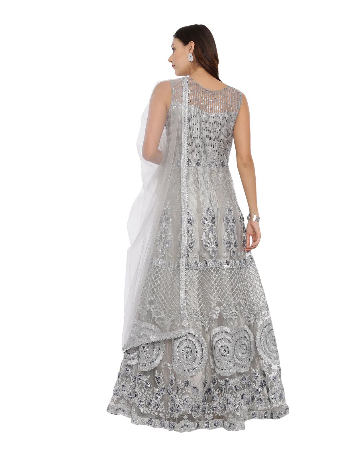 Neerus Grey Embellished Anarkali Kurta With Dupatta - Image 3