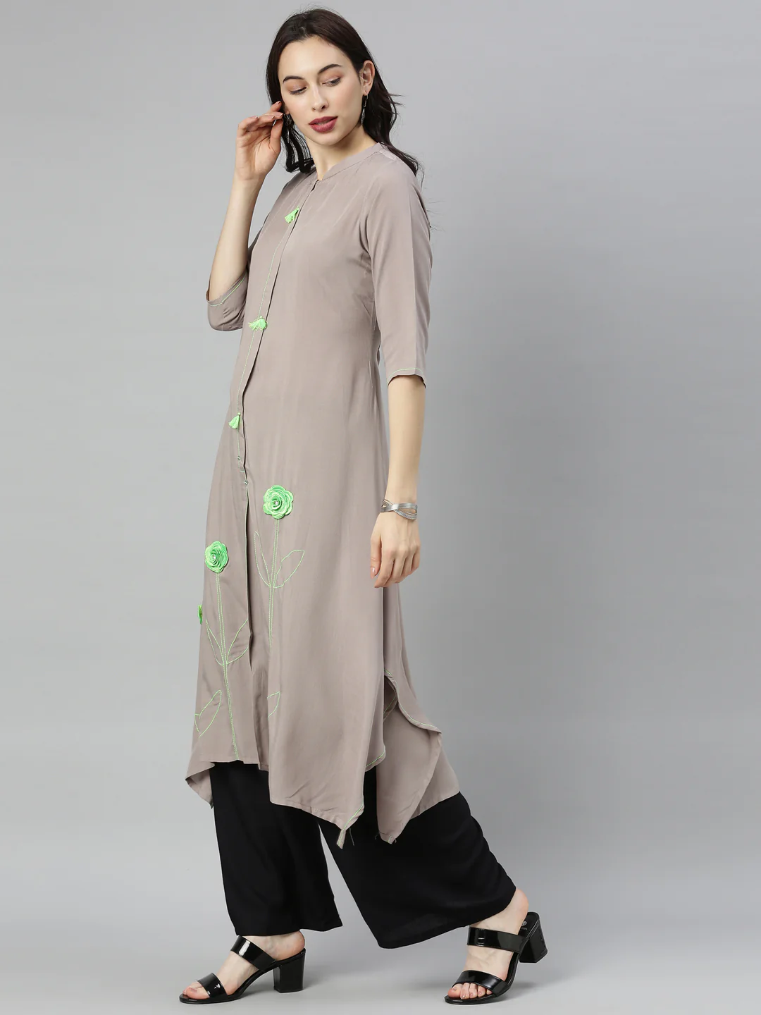 Neerus Grey Embroidered A Line Kurta - Image 4