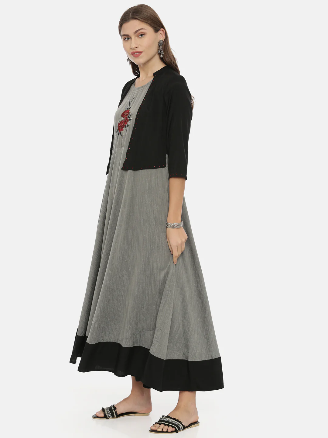 Neerus Grey Embroidered Anarkali Kurta - Image 3