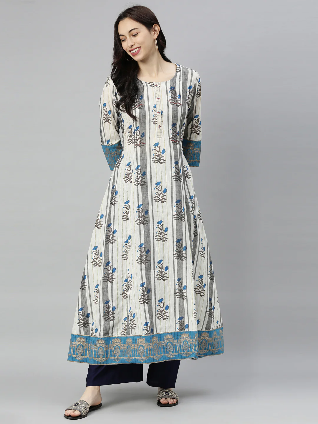 Neerus Grey Embroidered Flared Kurta - Image 8