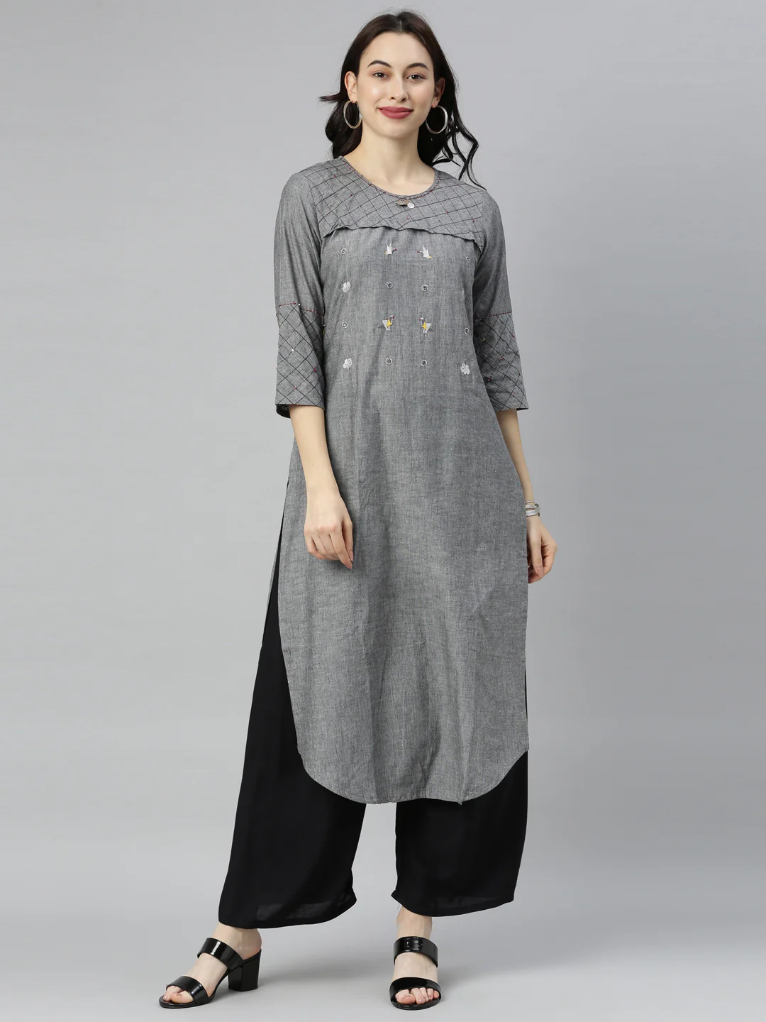Neerus Grey Embroidered High Low Kurta
