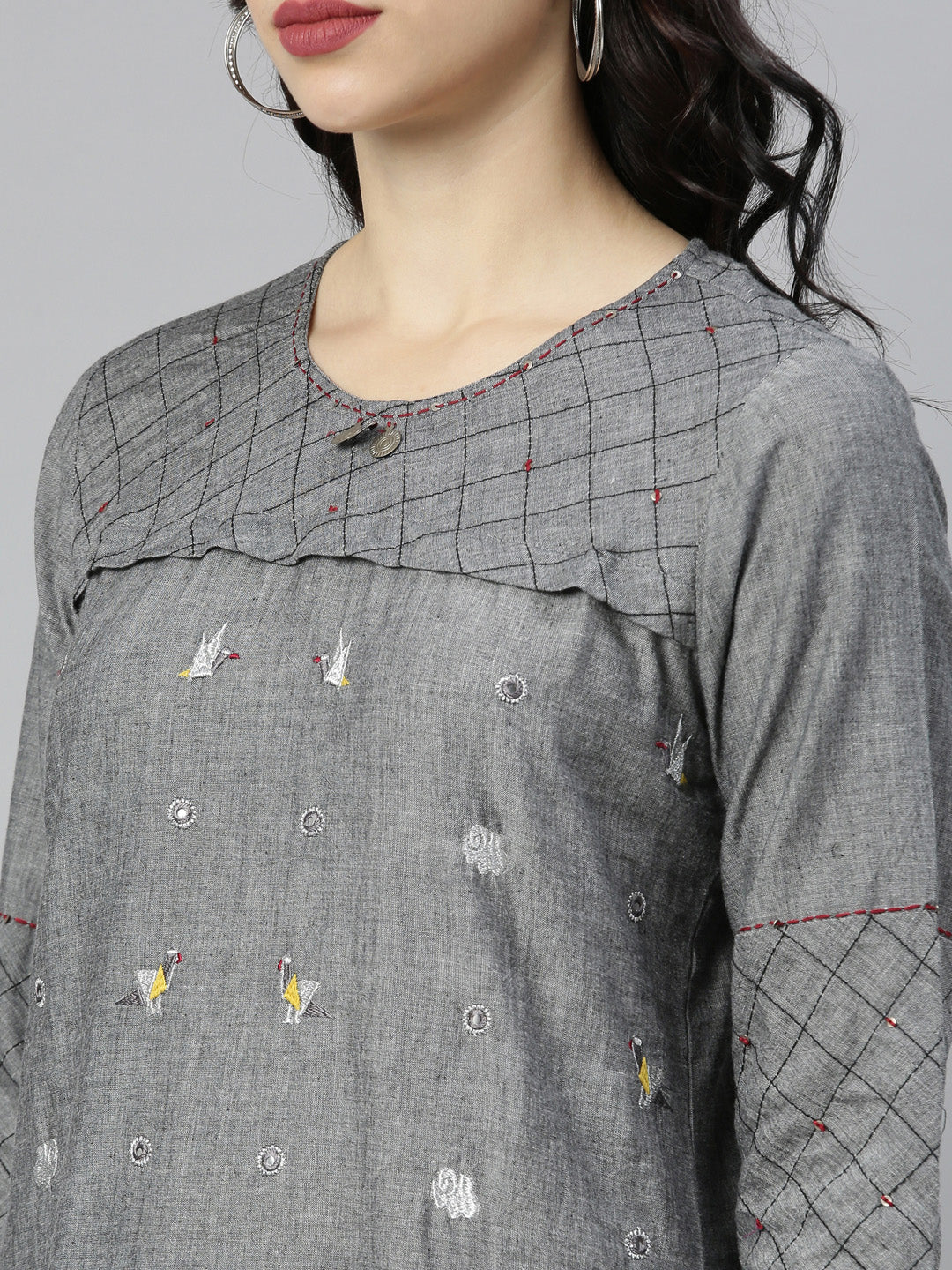 Neerus Grey Embroidered High Low Kurta - Image 2