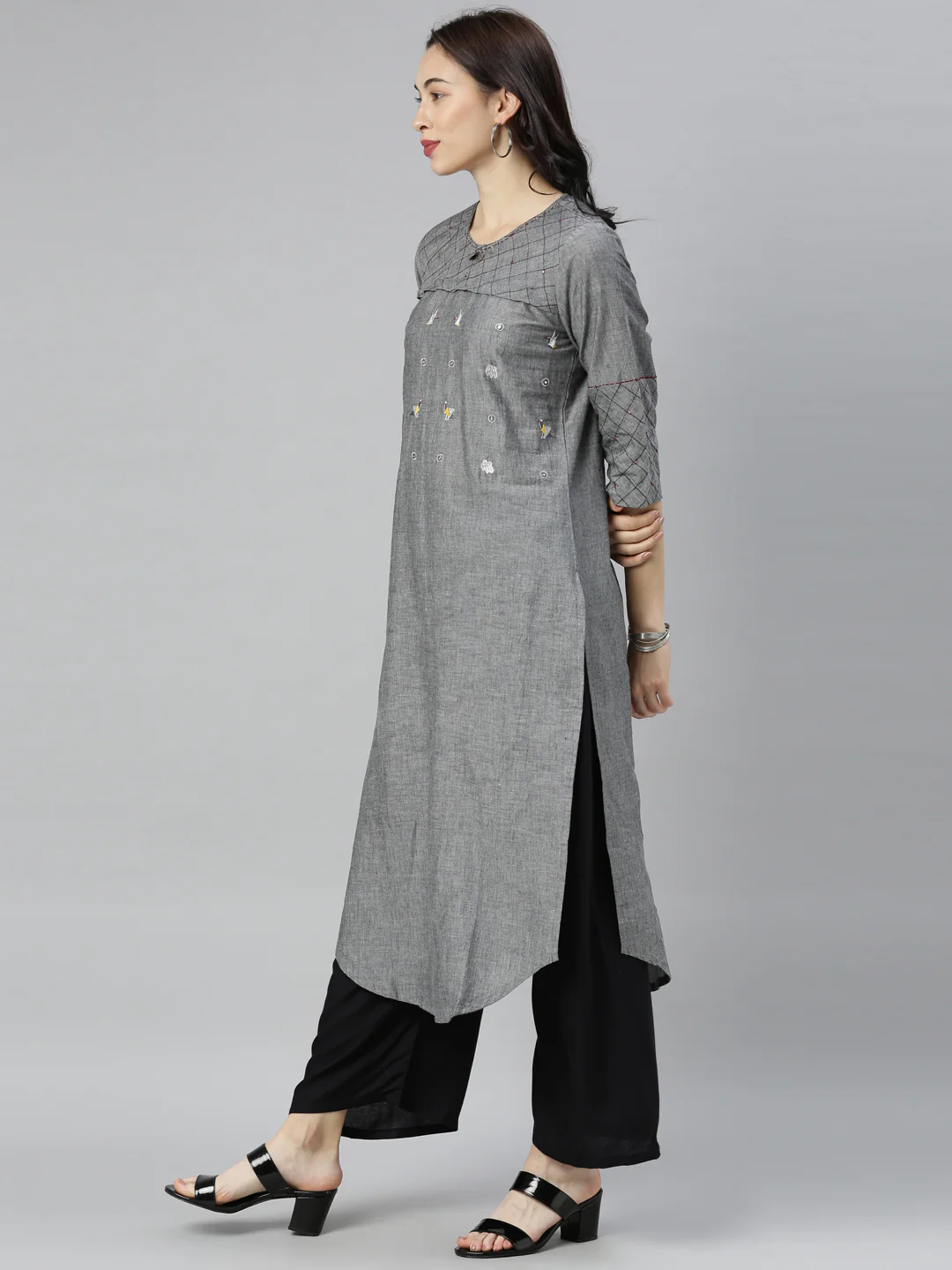 Neerus Grey Embroidered High Low Kurta - Image 6