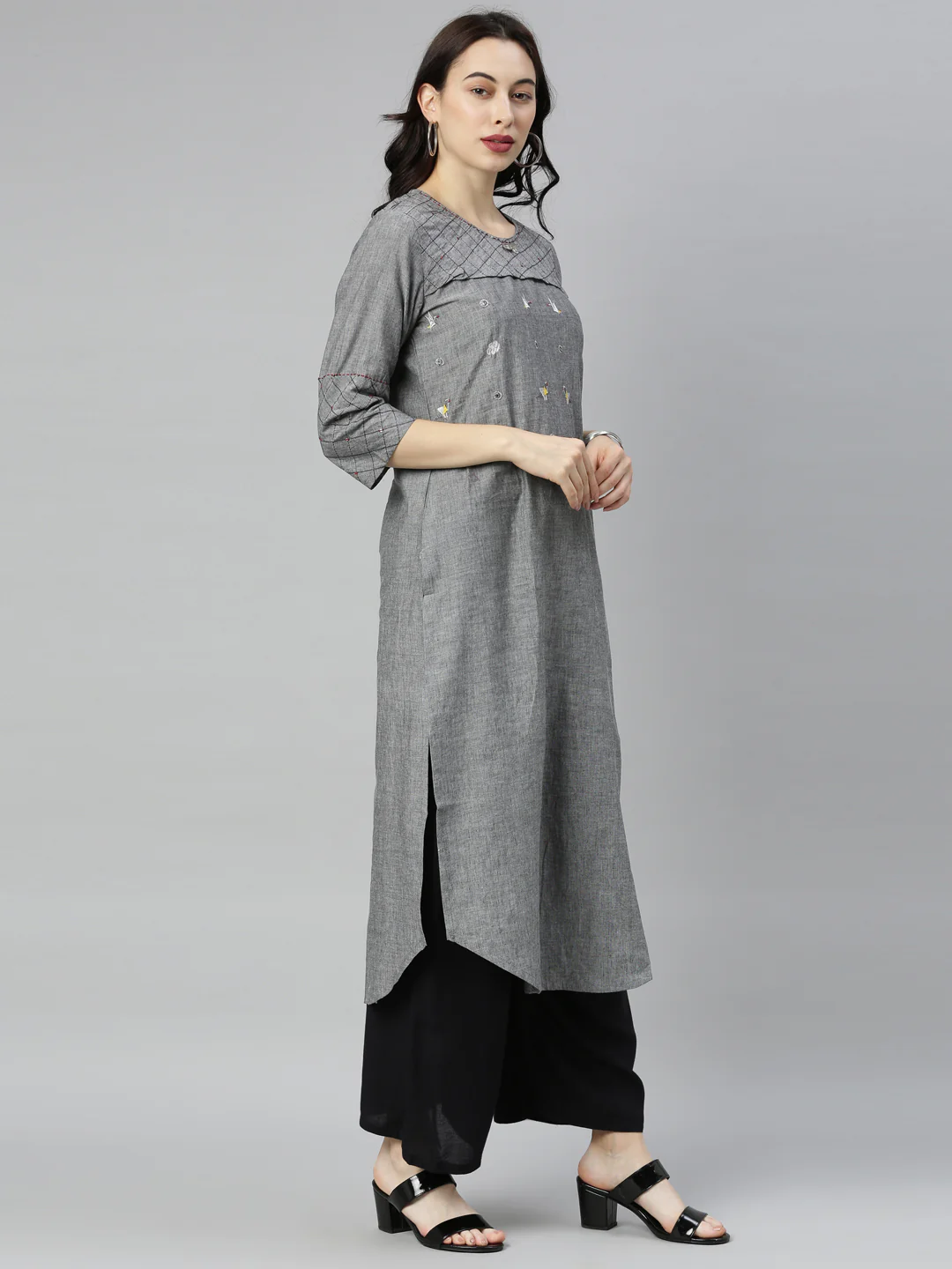Neerus Grey Embroidered High Low Kurta - Image 7