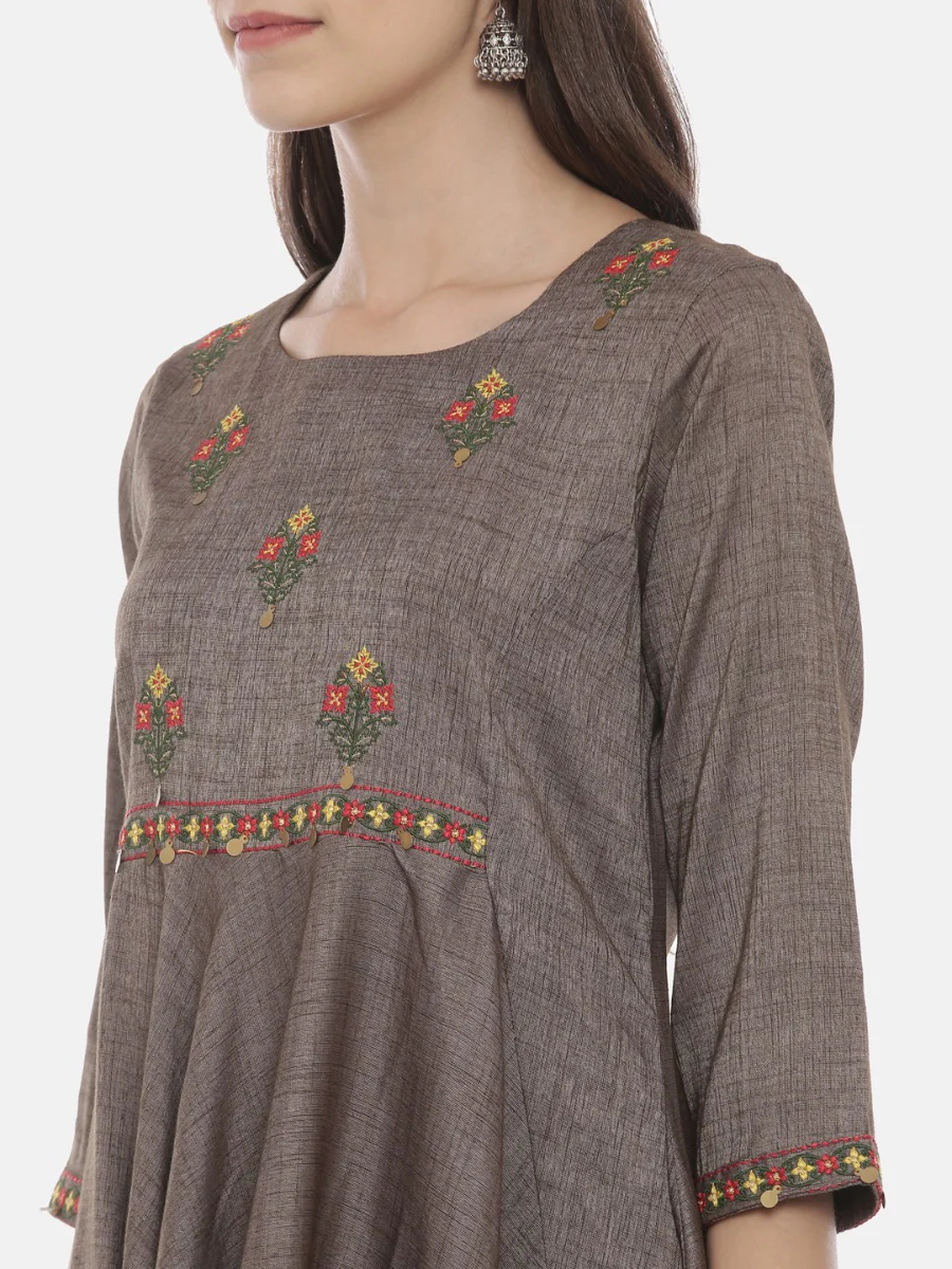 Neerus Grey Embroidered High Low Kurta - Image 2