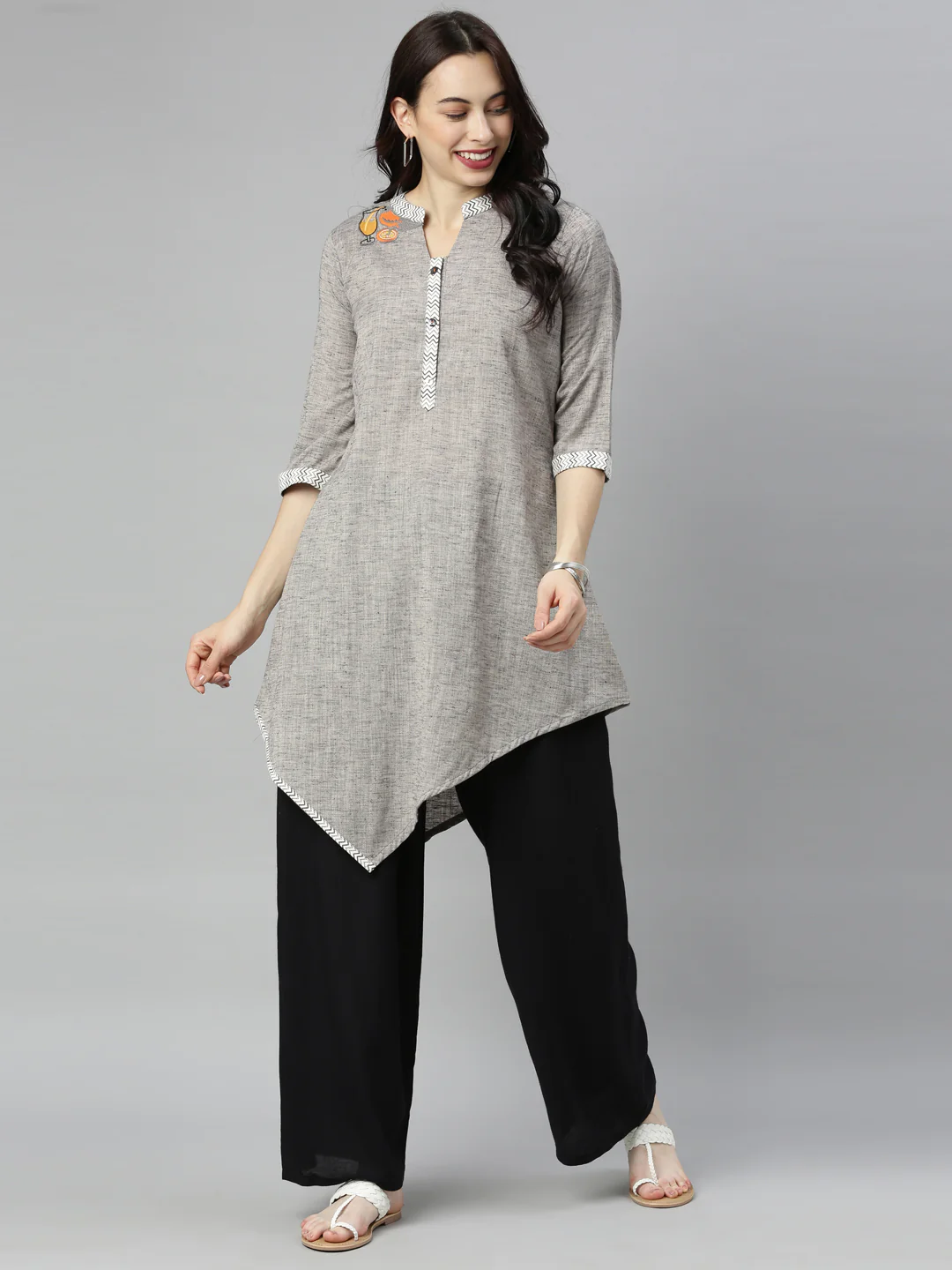 Neerus Grey Embroidered High Low Kurta - Image 8