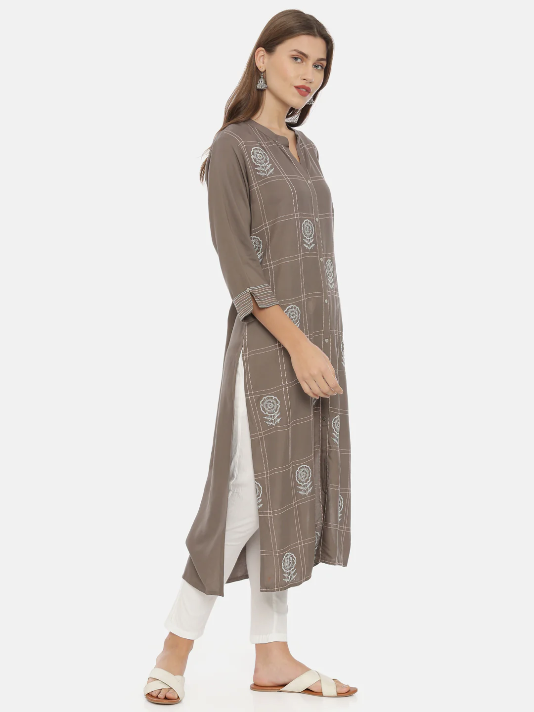 Neerus Grey Embroidered Straight Kurta - Image 4