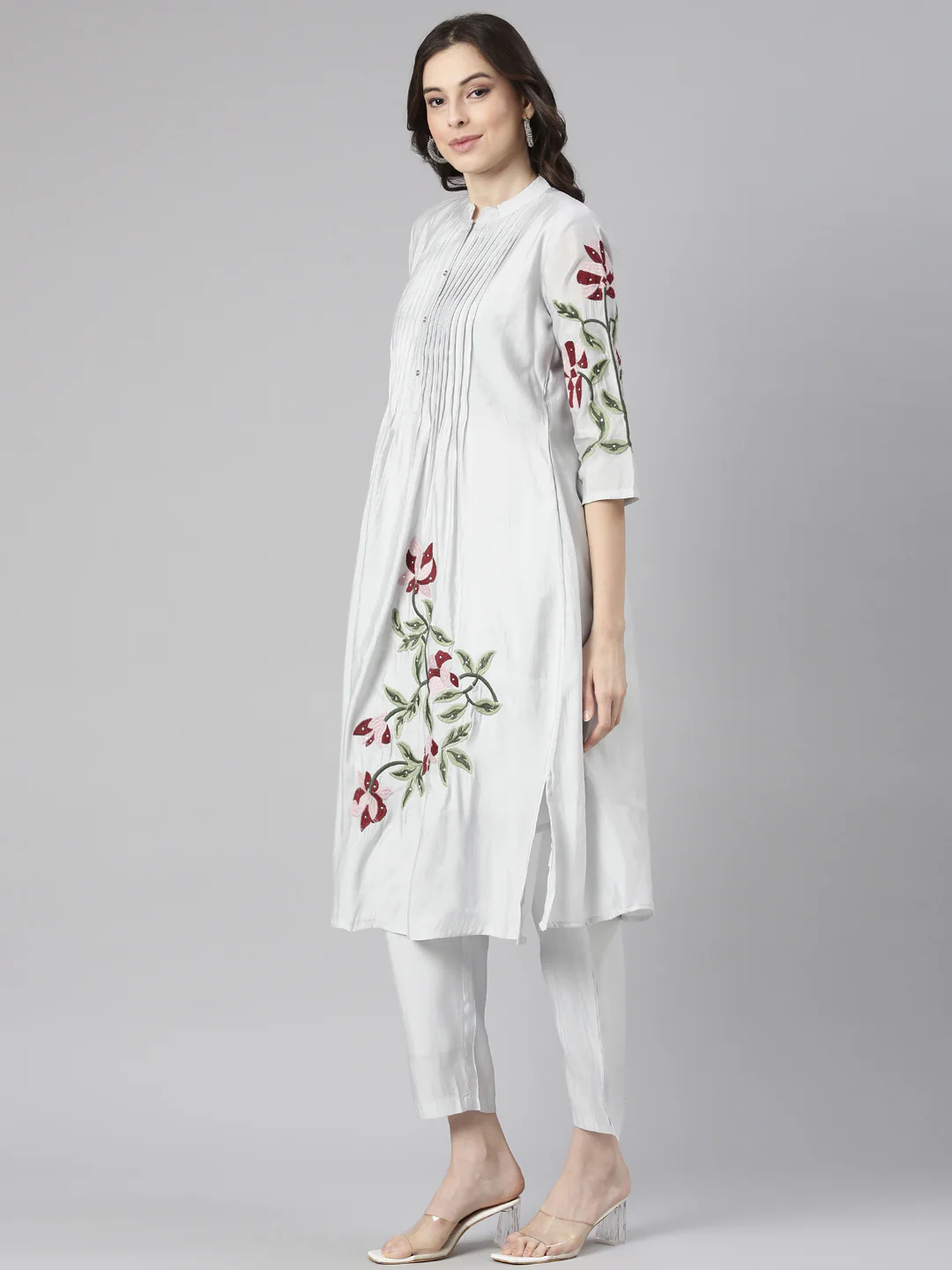 Neerus Grey Embroidered Straight Kurta and Trousers - Image 2