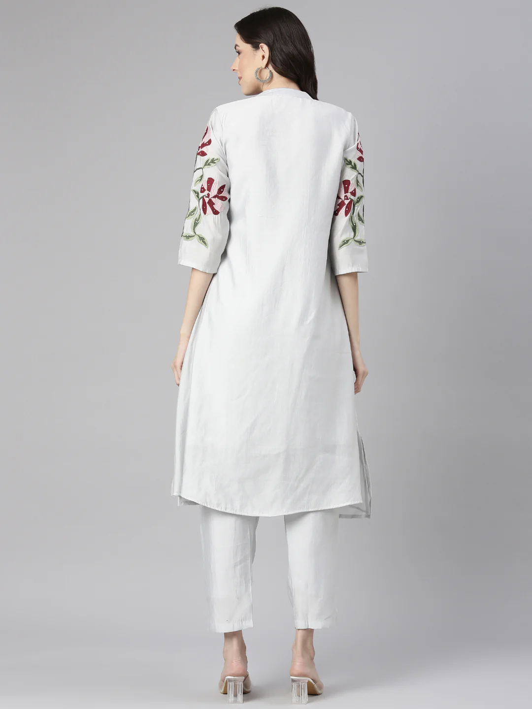 Neerus Grey Embroidered Straight Kurta and Trousers - Image 3