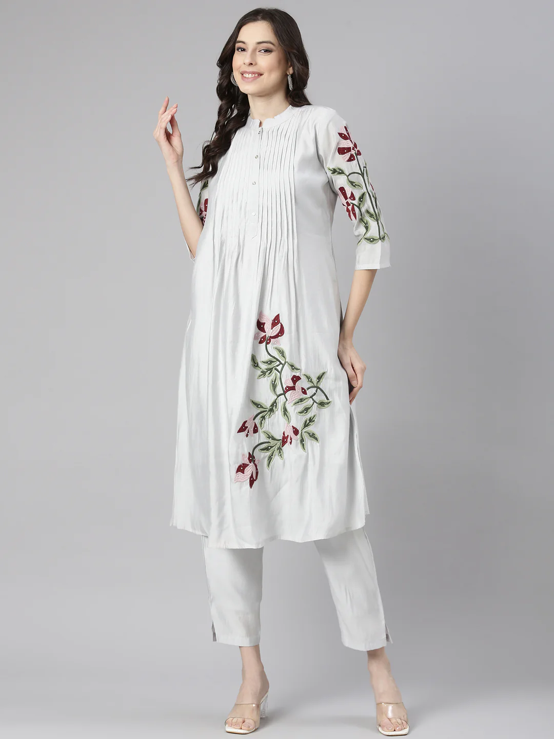 Neerus Grey Embroidered Straight Kurta and Trousers - Image 5