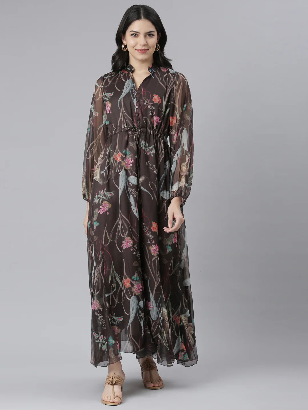 Neerus Grey Flared Casual Floral Dresses