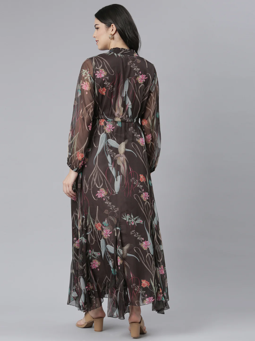 Neerus Grey Flared Casual Floral Dresses - Image 3