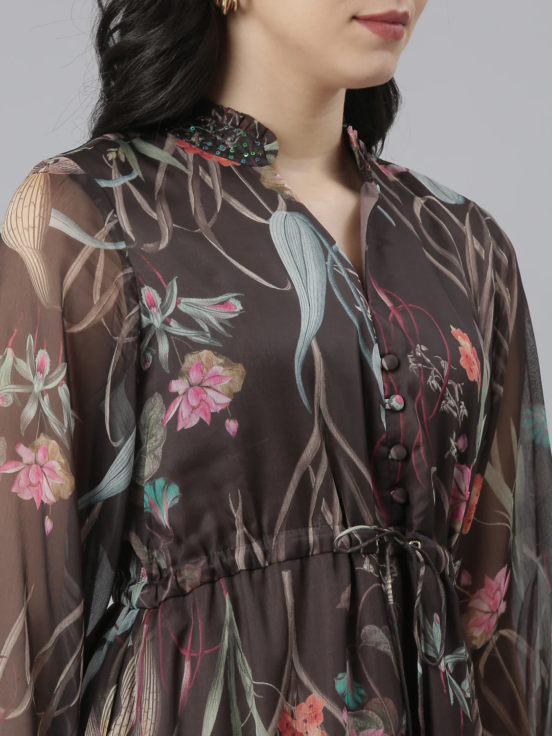 Neerus Grey Flared Casual Floral Dresses - Image 5