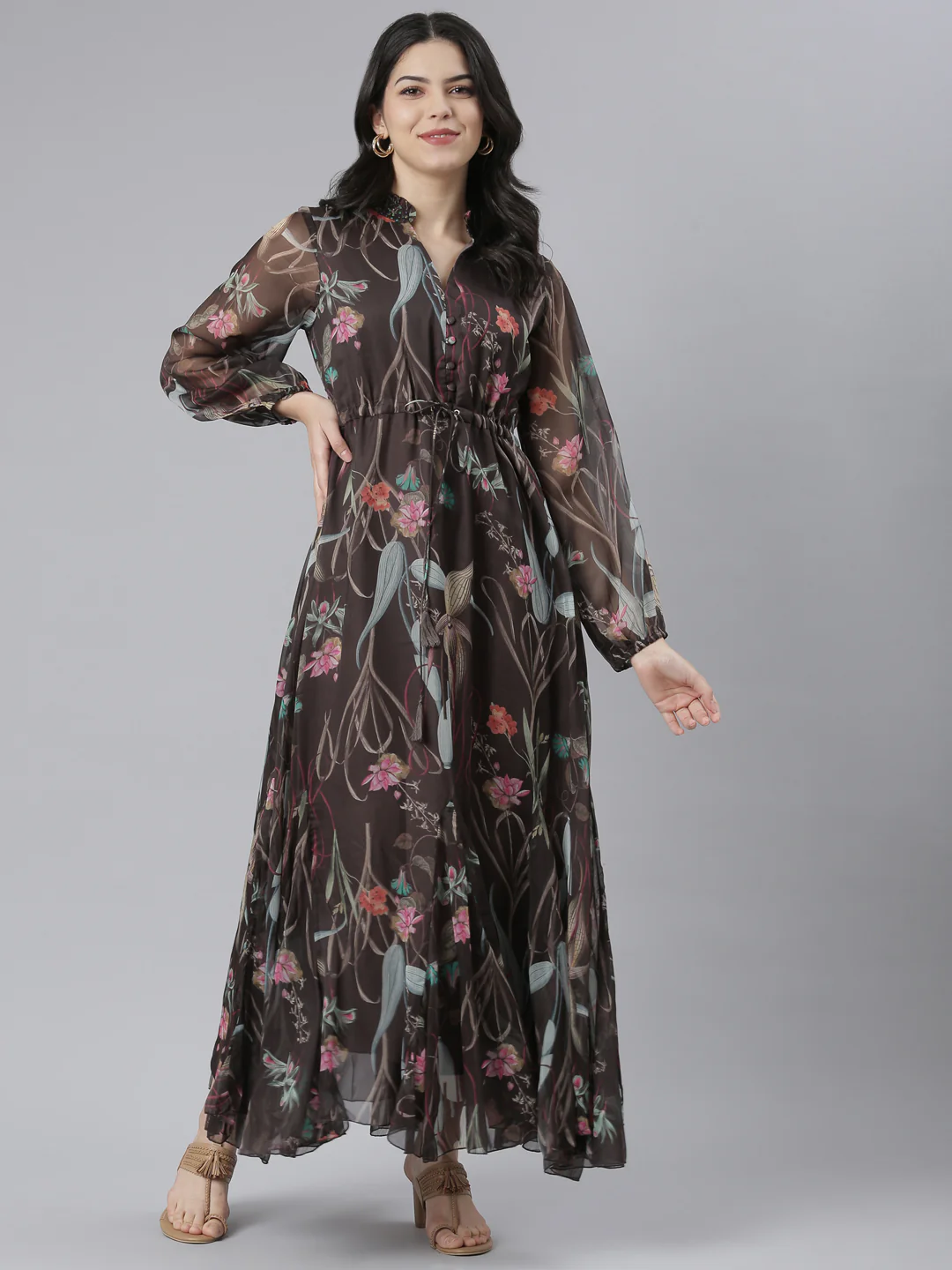 Neerus Grey Flared Casual Floral Dresses - Image 6