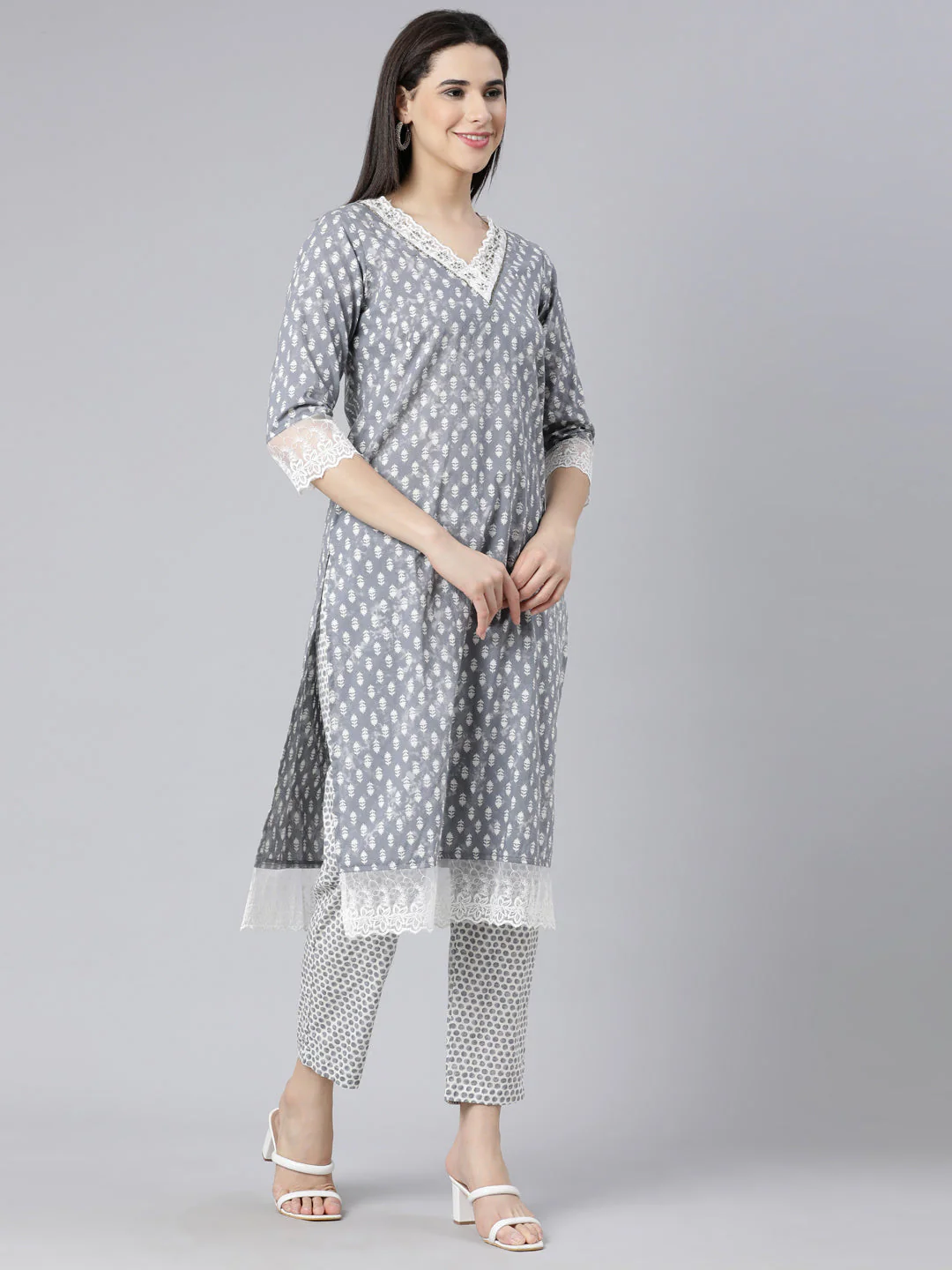 Neerus Grey Panelled Straight Printed Kurta And Trousers With Dupatta - Image 3