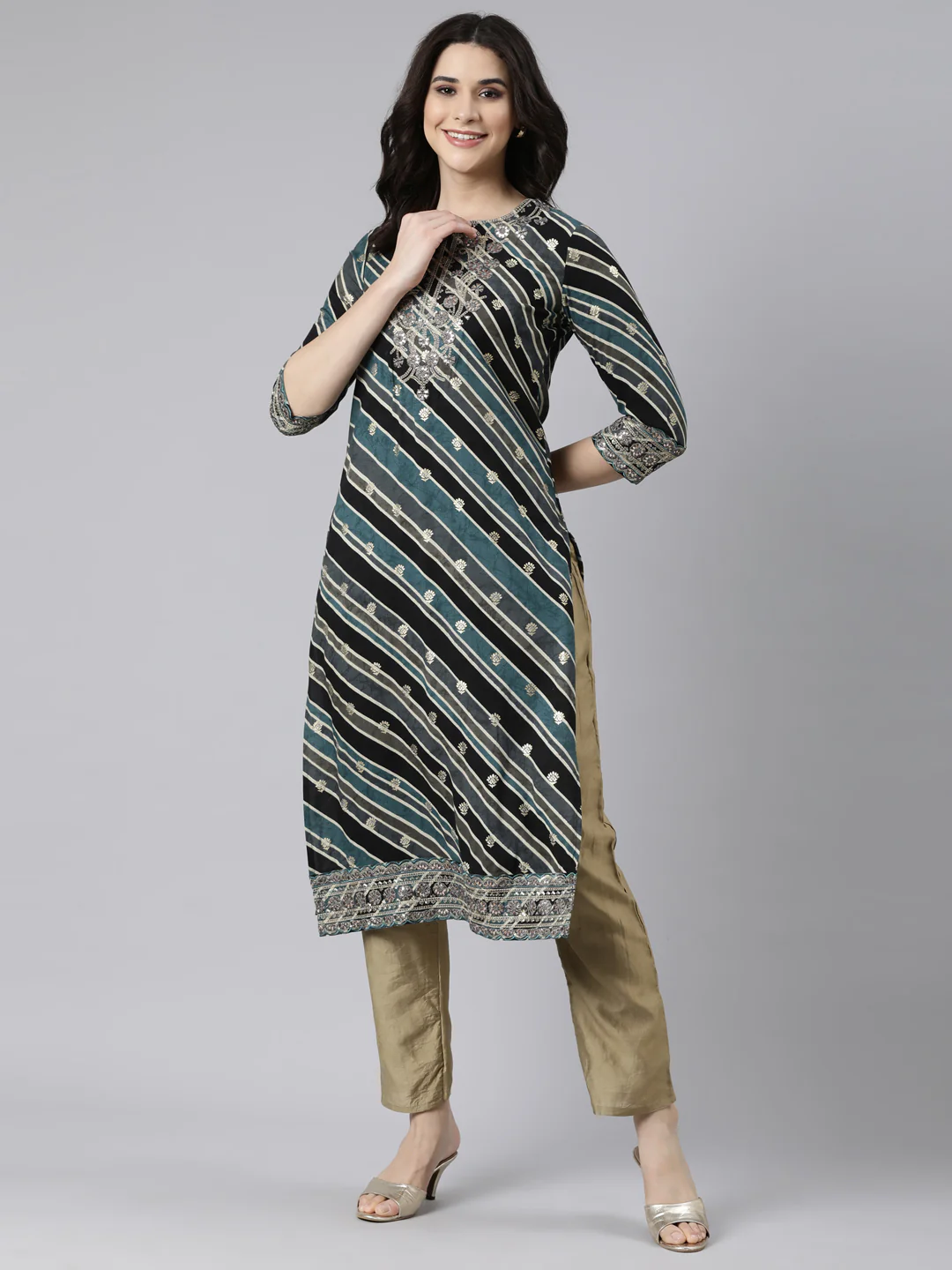 Neerus Grey Panelled Straight Striped Kurta - Image 4