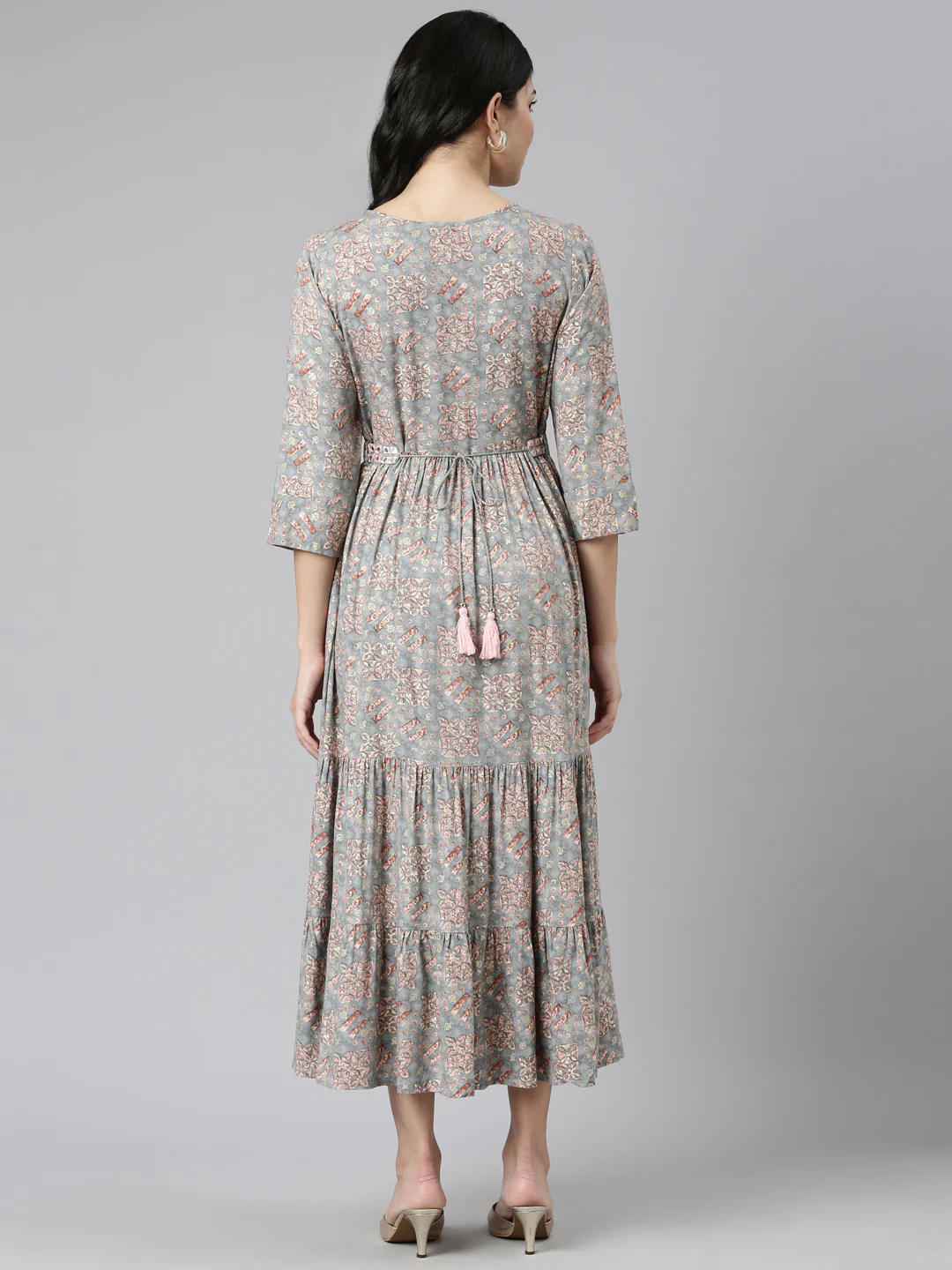 Neerus Grey Pleated Anarkali Printed Kurta - Image 3