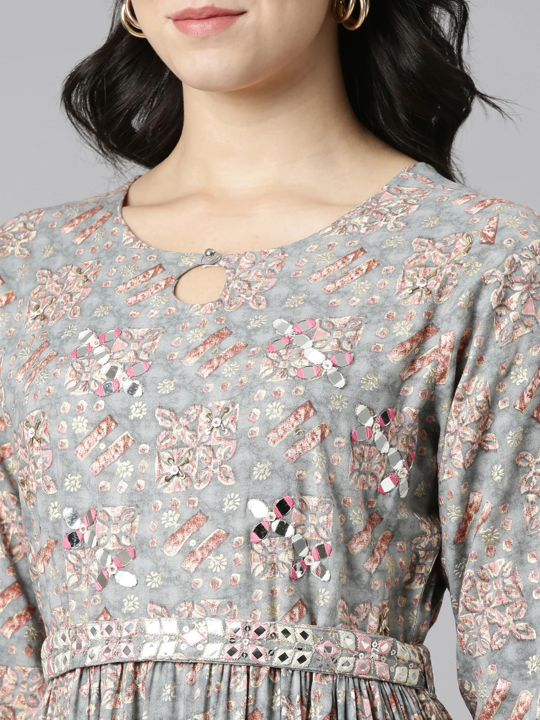 Neerus Grey Pleated Anarkali Printed Kurta - Image 4