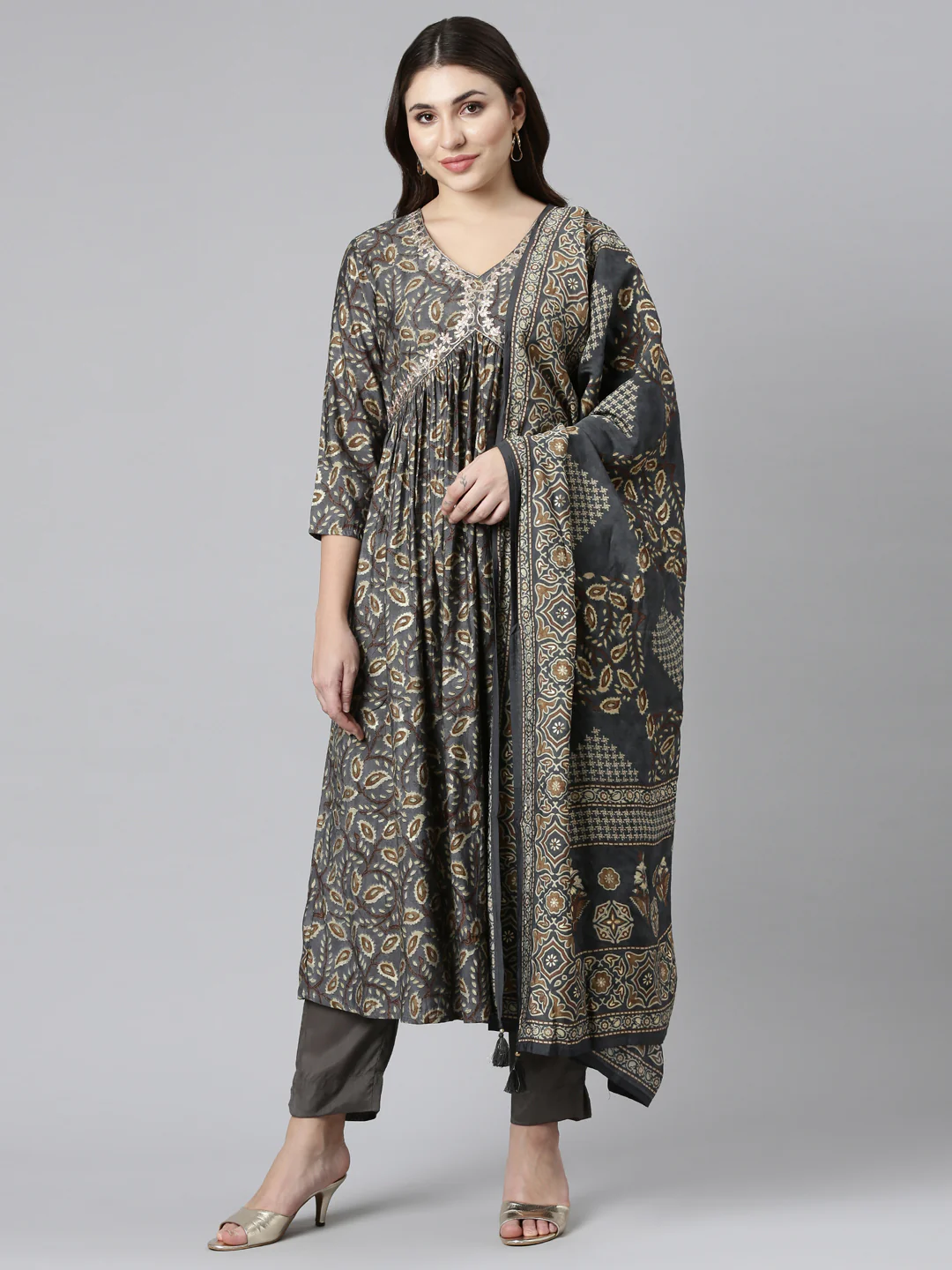 Neerus Grey Pleated Straight Printed Kurta And Trousers With Dupatta